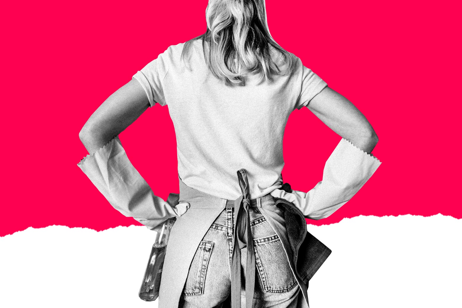 Collage of a woman wearing cleaning gloves and holding a spray bottle in front of a pink tear of paper.