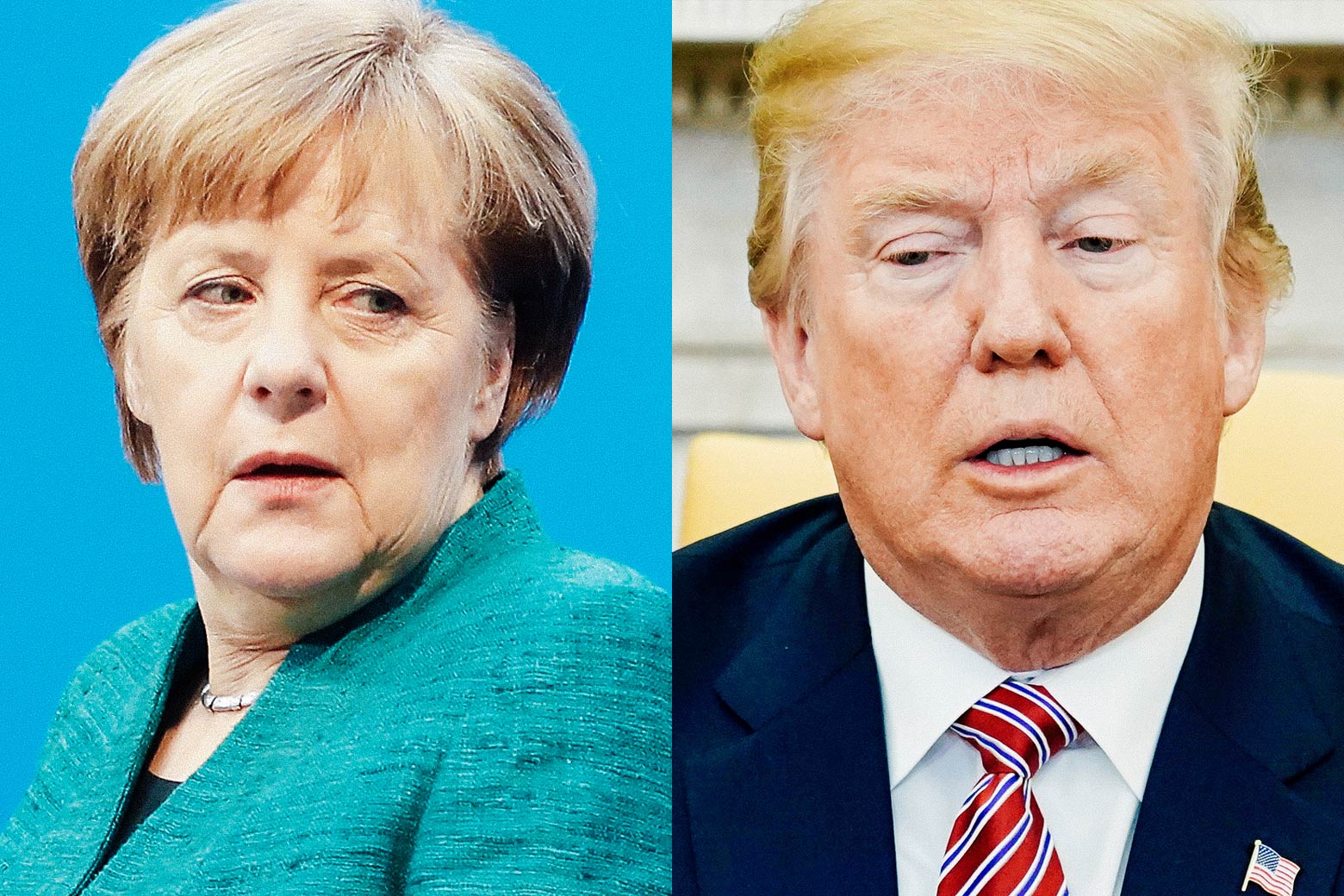 A side-by-side collage of Angela Merkel and Donald Trump.