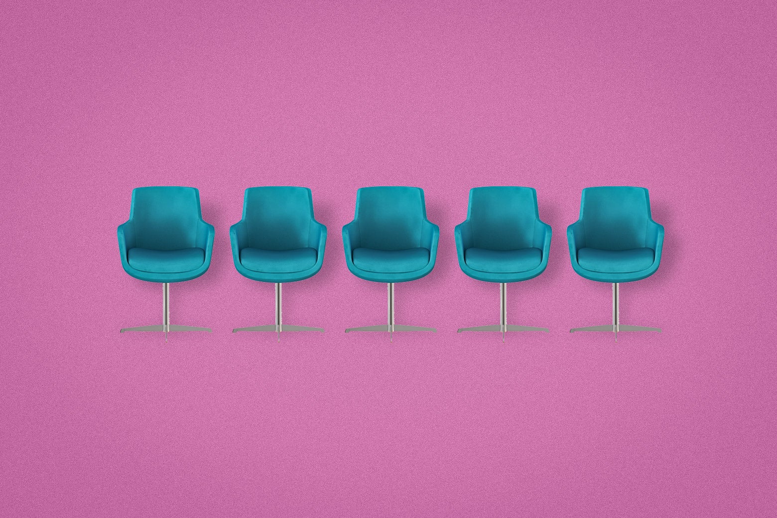A row of green chairs against a pink background.