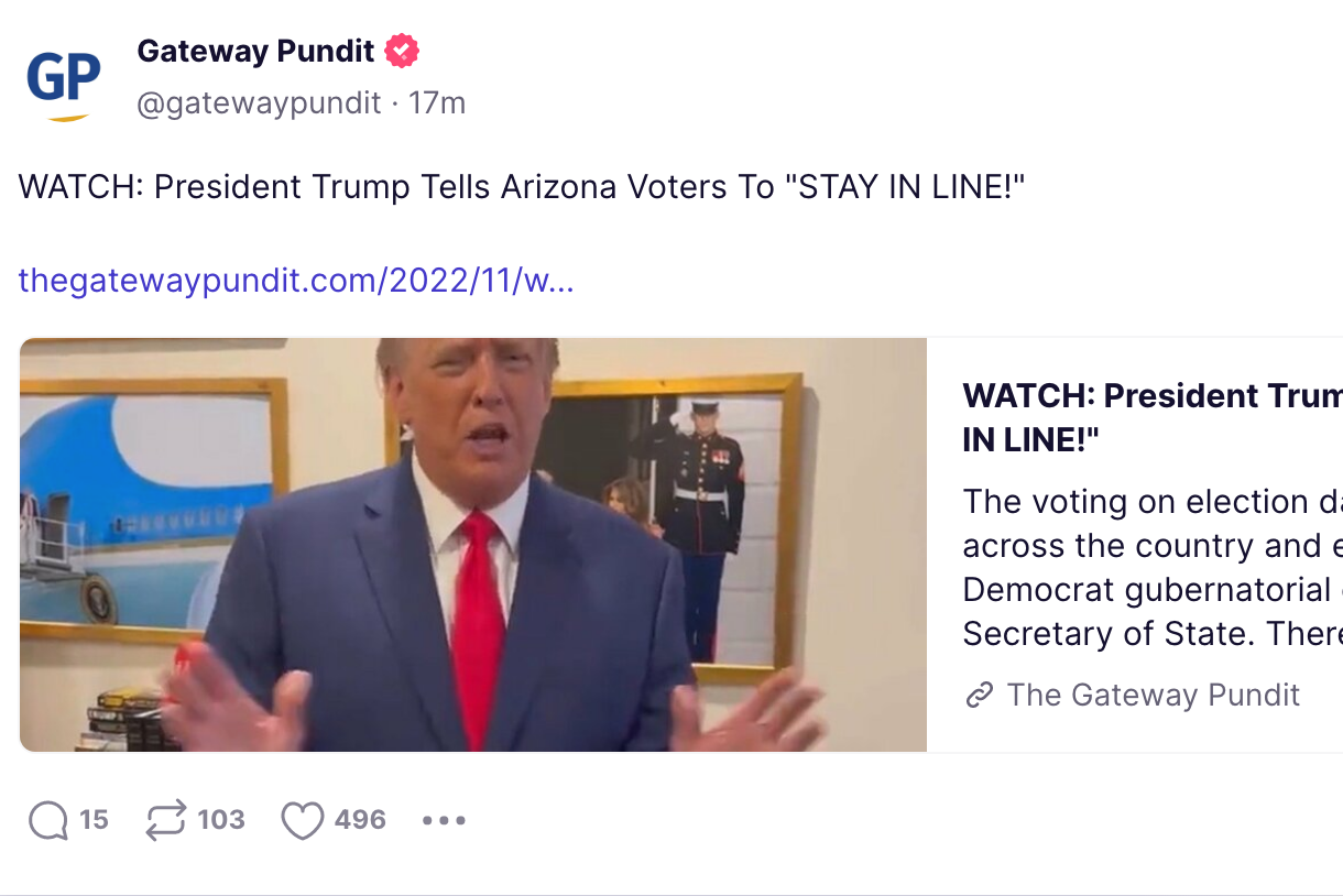 A screenshot of a Gateway Pundit Truth Social post about Trump