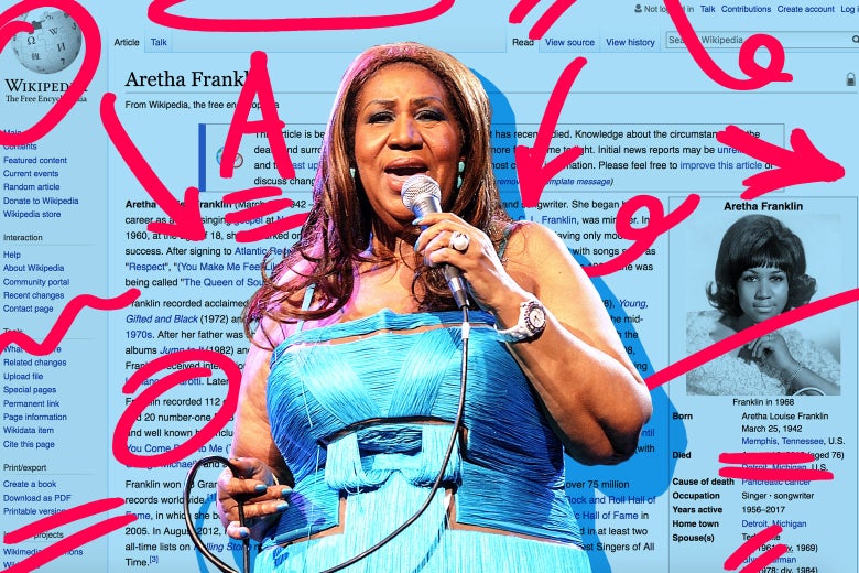 A photo of Aretha Franklin laid over her Wikipedia page, with editing marks throughout.