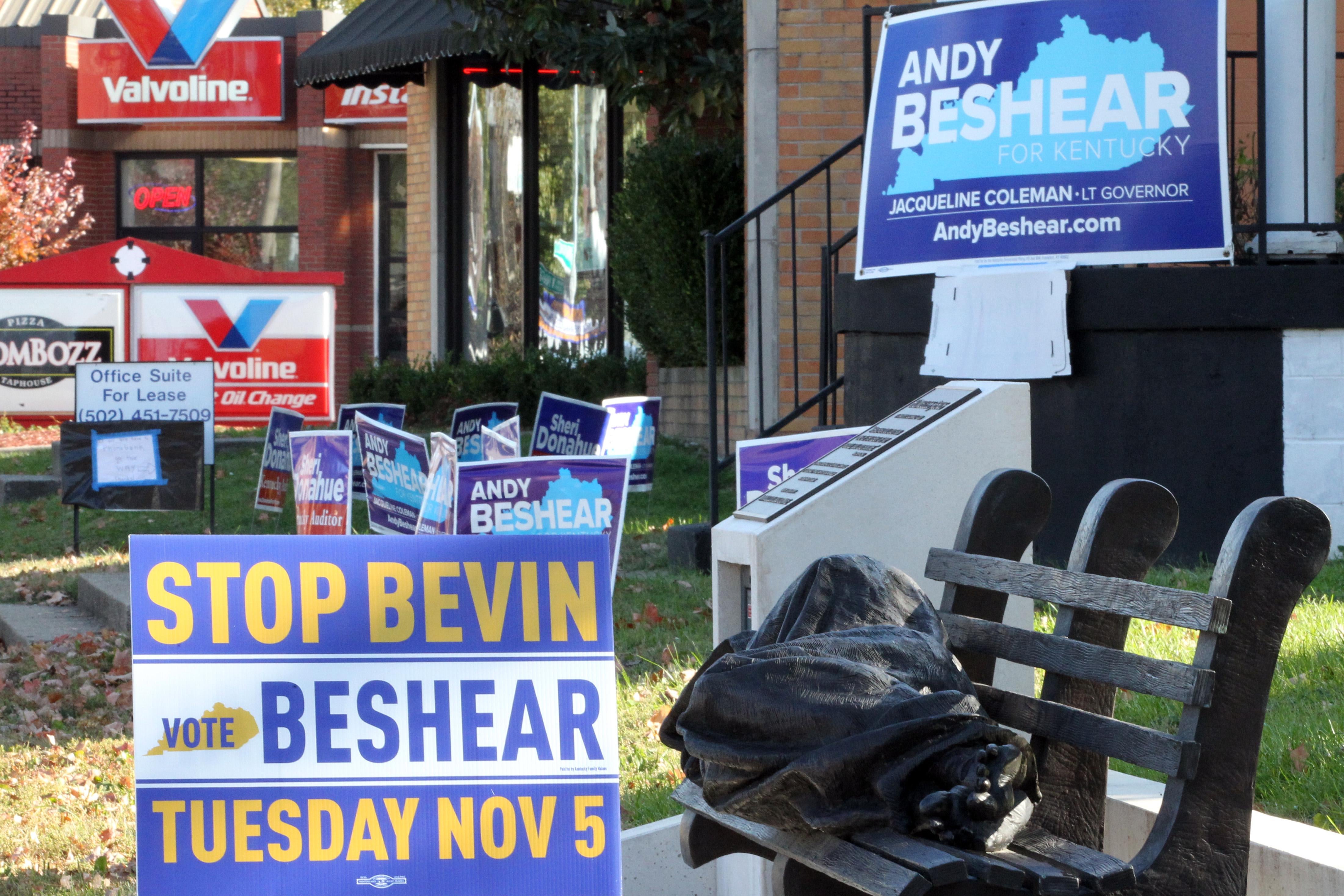 Campaign signs seen outside of a polling precinct in Kentucky