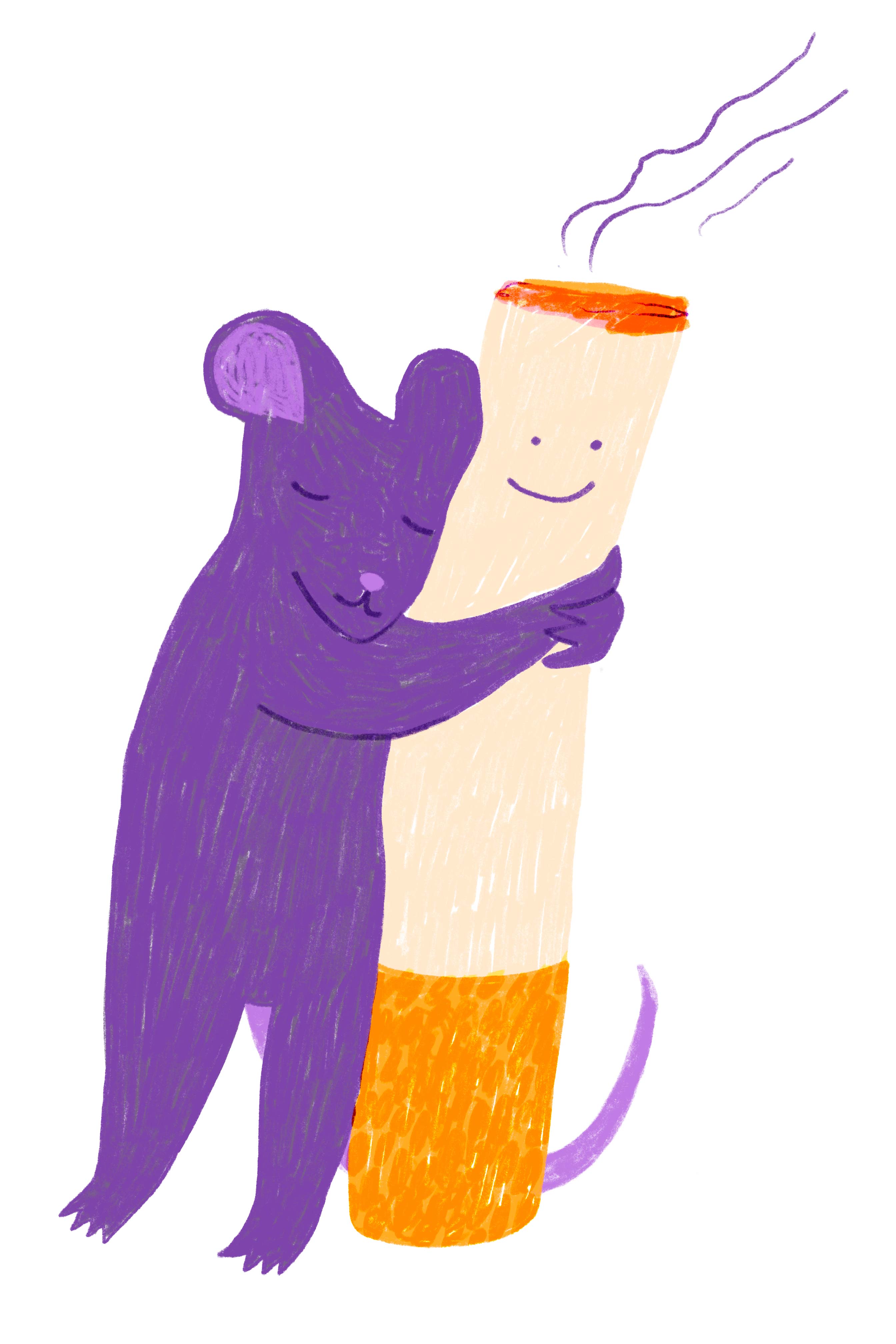 A purple rat hugs a cigarette.