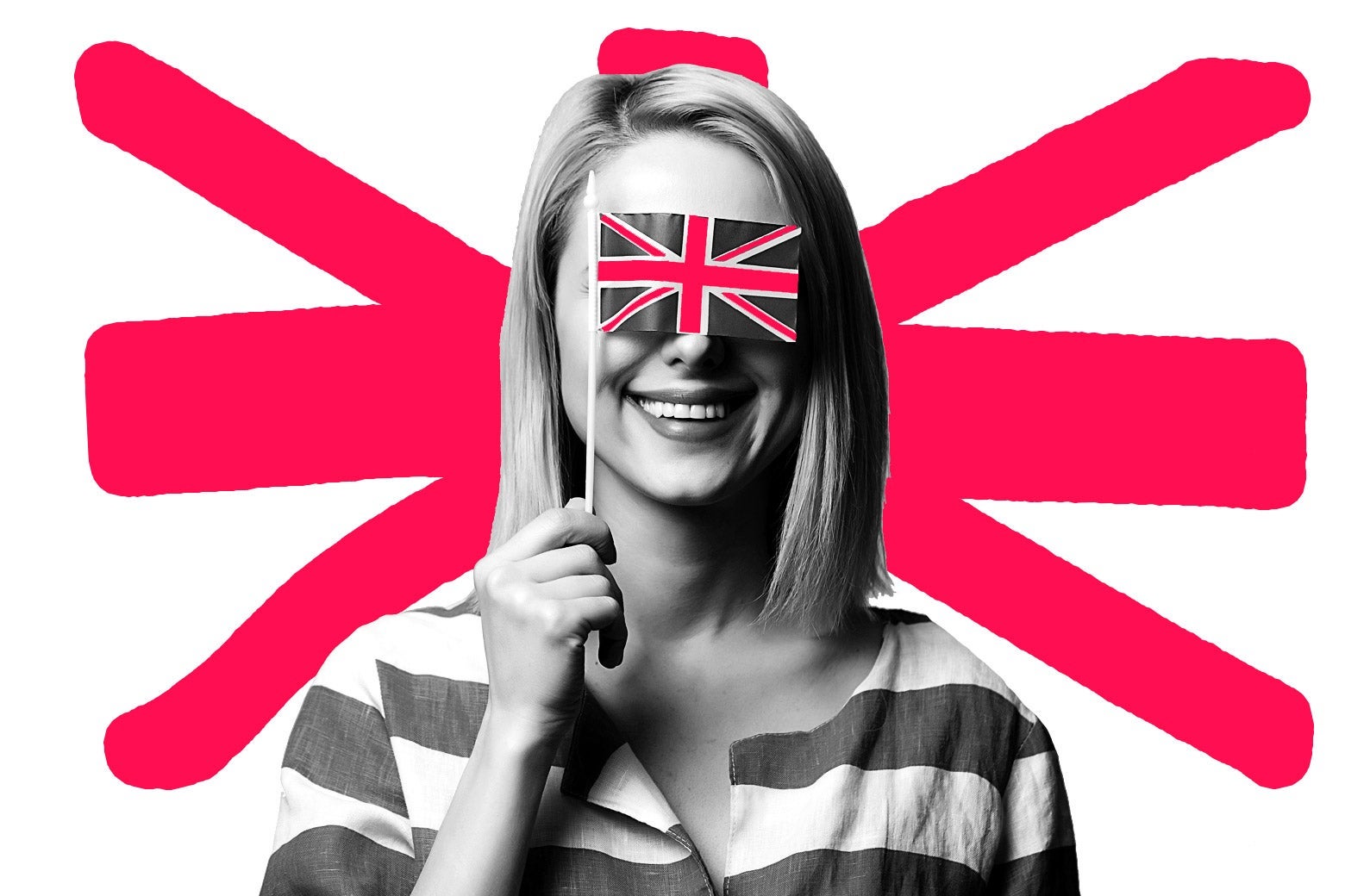 A woman holding a small British flag over her eyes.