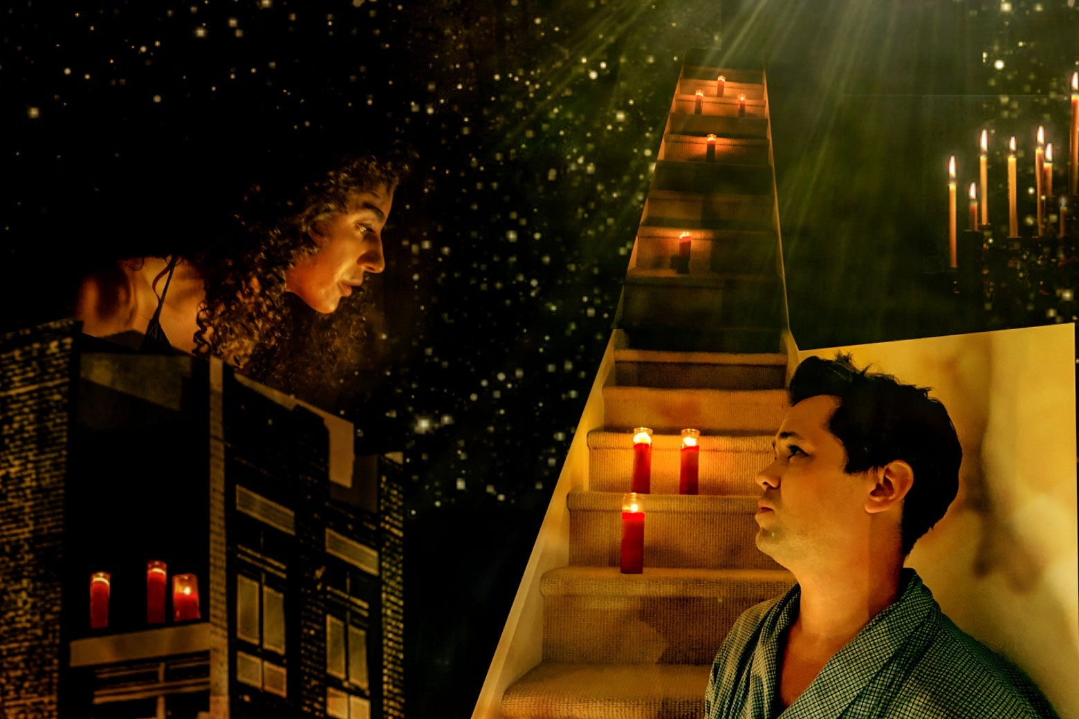 Vella Lovell on her roof and Andrew Rannells in front of a stairway.