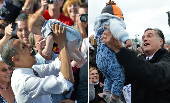 Barack Obama and Mitt Romney holding babies on the campaign trail.