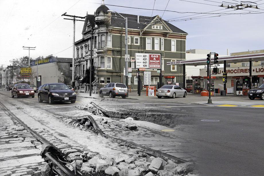 Cars travel down S. Van Ness, which has buckled after the quake.