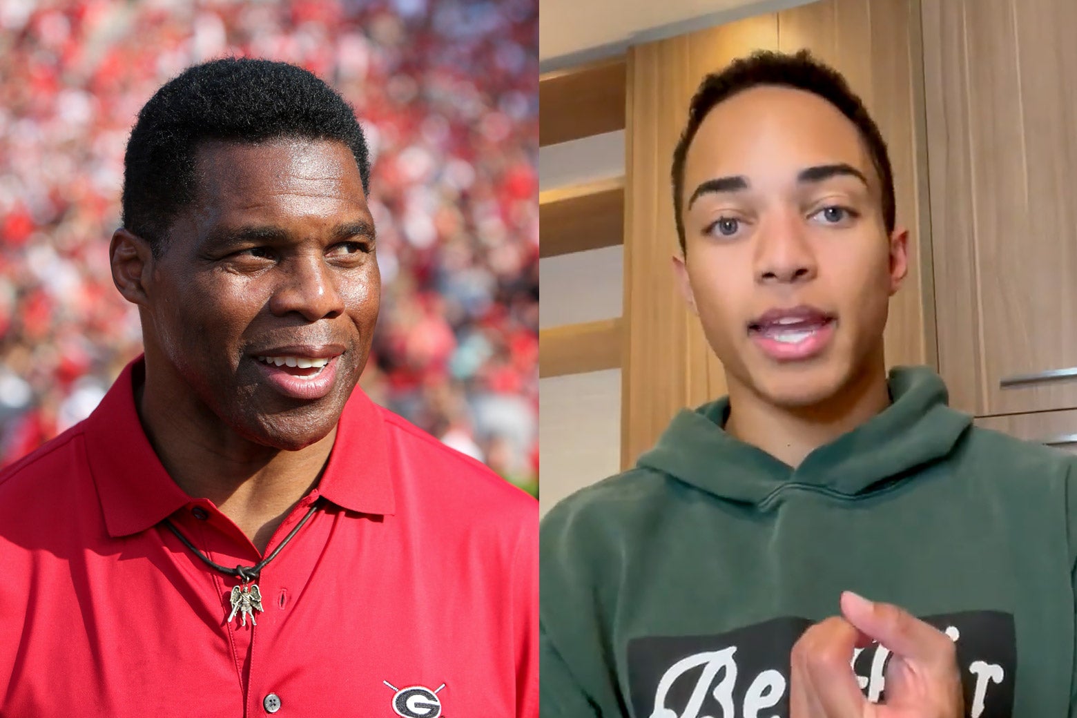 On the left, a photo of Herschel Walker in a red polo shirt, and on the right, a screenshot of his son Christian Walker, wearing a green hoodie, speaking about his father in a video he posted to Twitter.