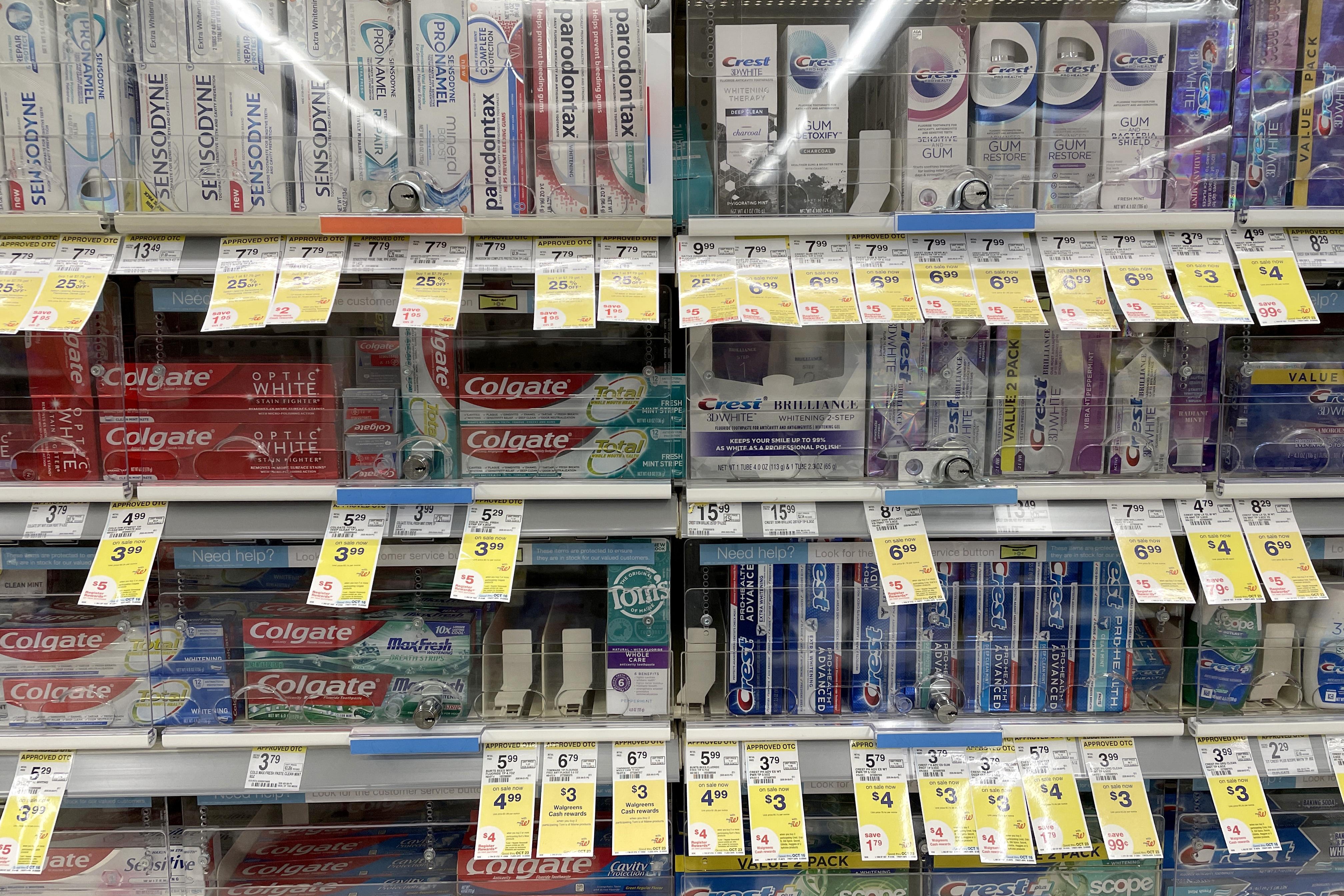 Toothpaste behind a plastic barrier at a Walgreens in San Francisco. 