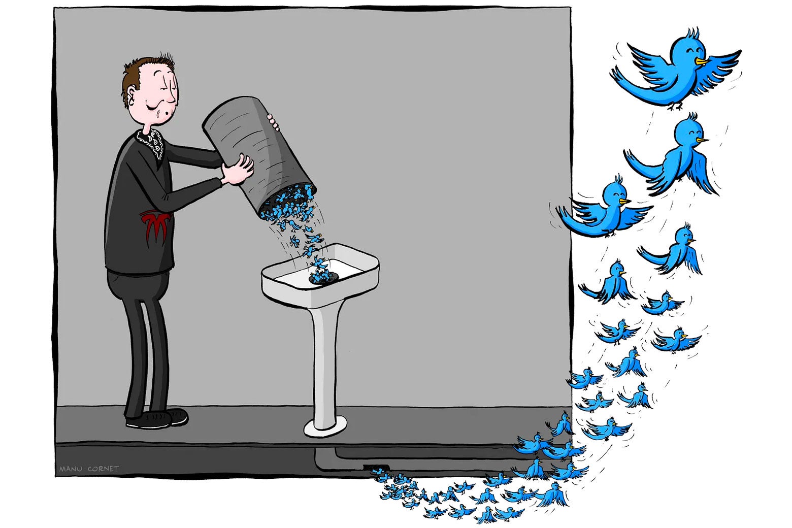Musk dumping Twitter employees down a sink; they emerge free as a bird.