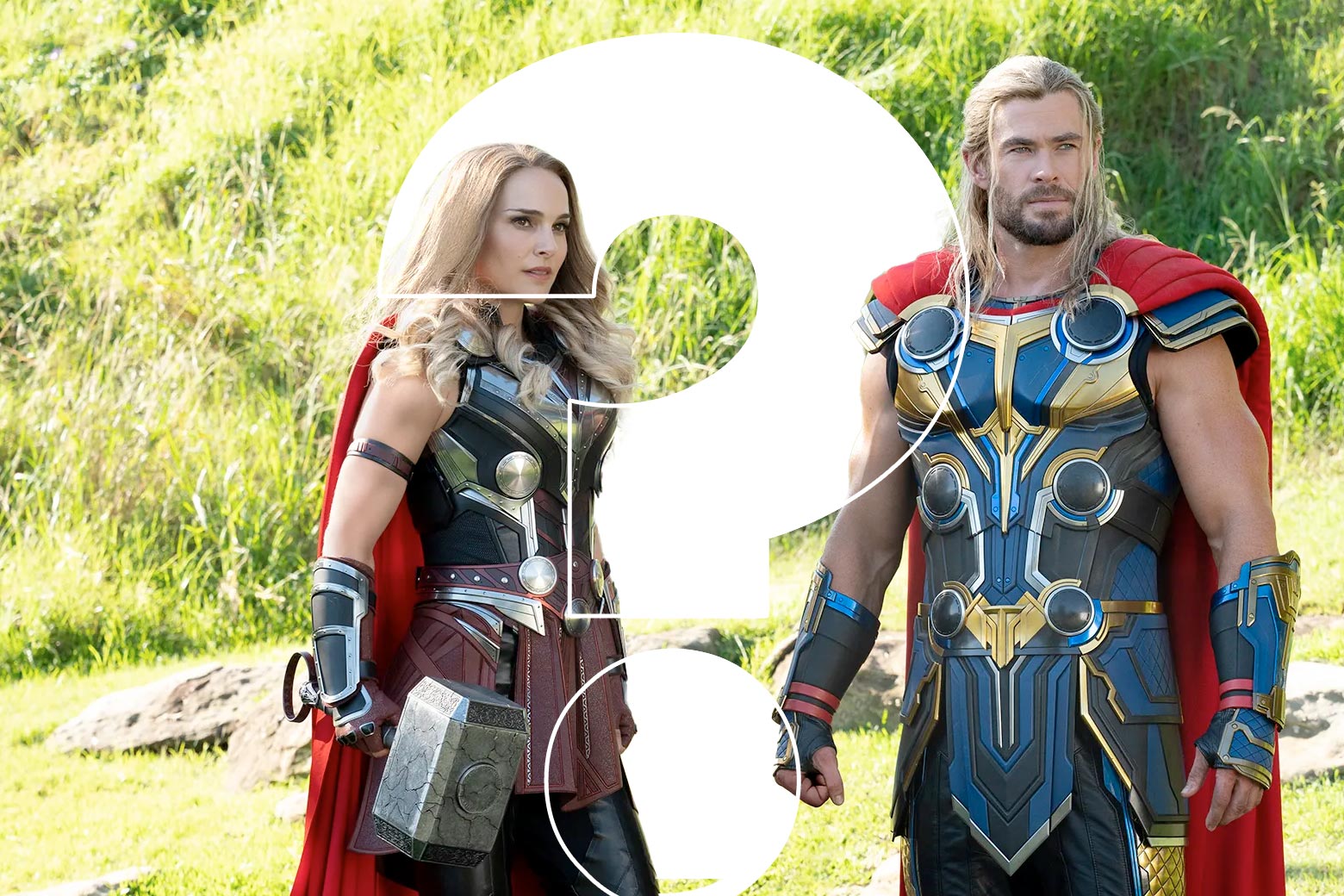 Natalie Portman and Chris Hemsworth standing with a giant white question mark in between the two
