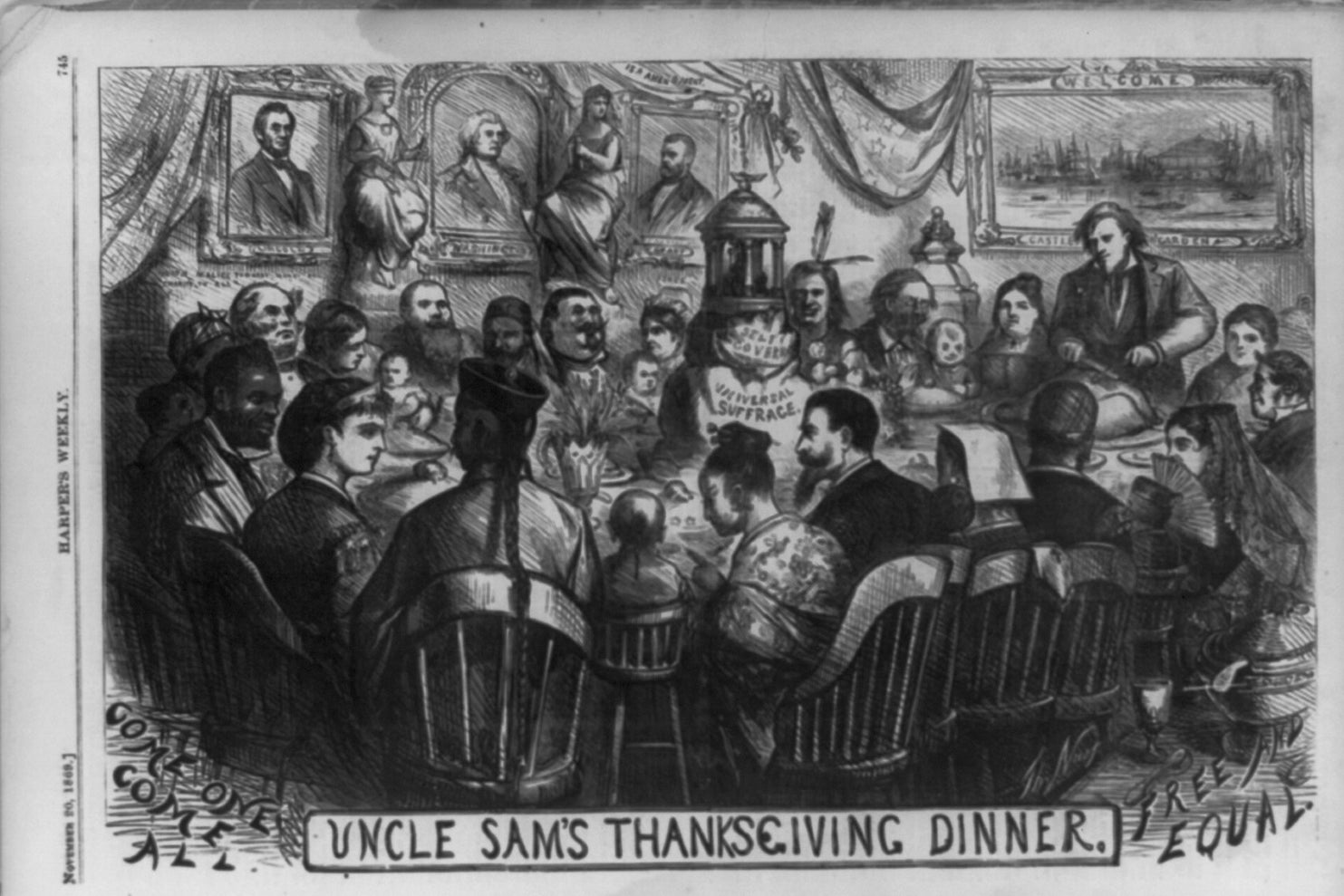 Cartoon with Uncle Sam at a table with many other personifications of American life. 