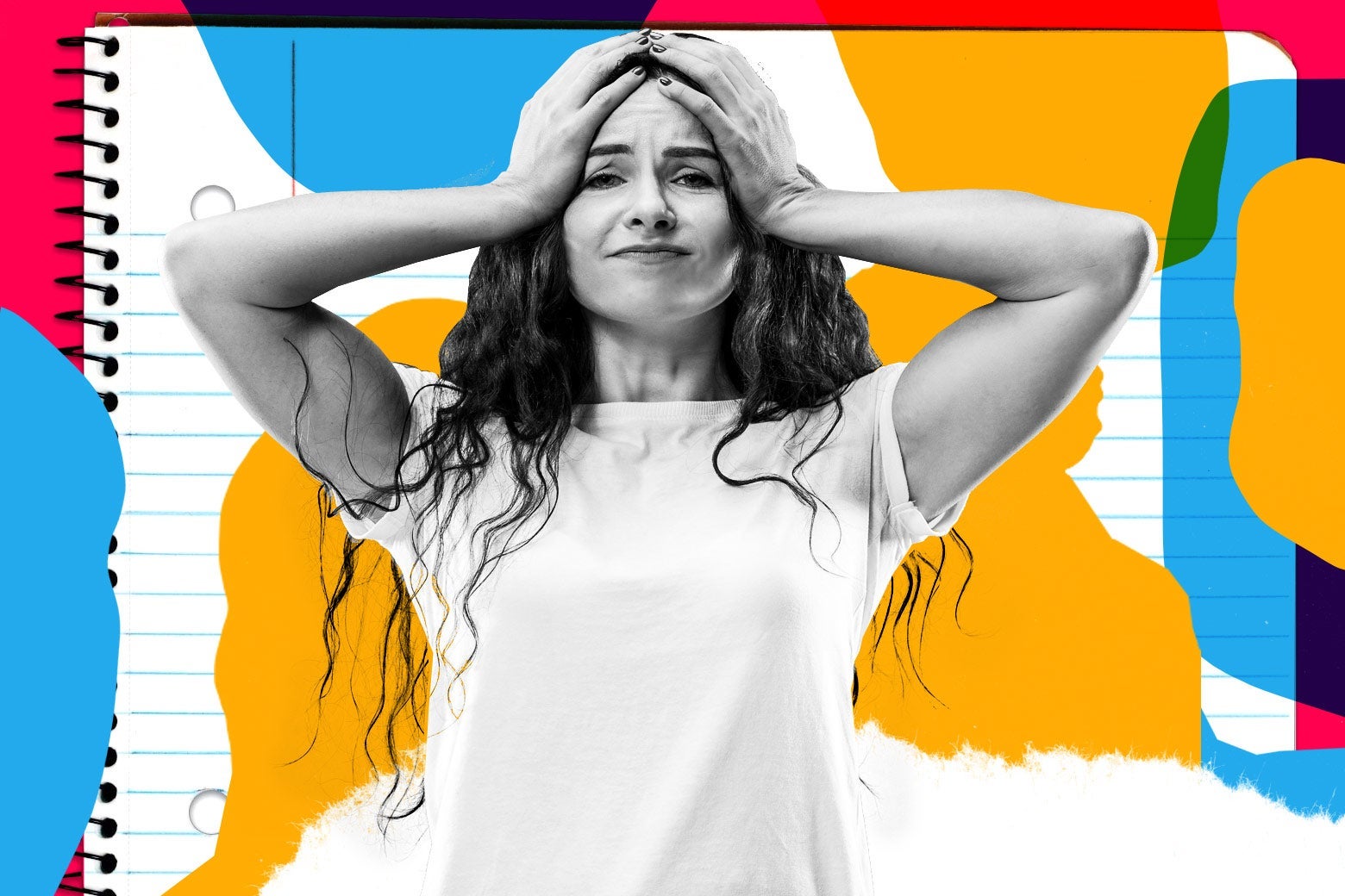 Photo illustration of a woman pulling her hair out in front of a notebook.