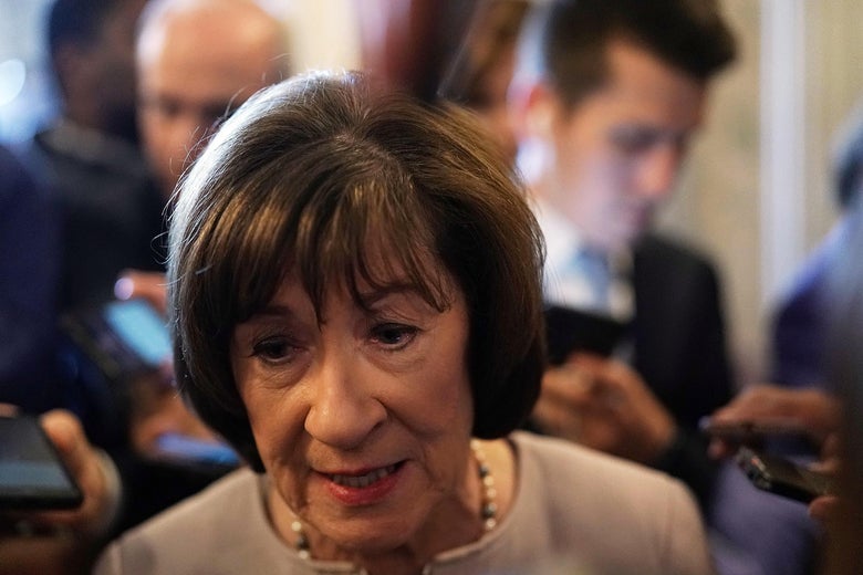 U.S. Sen. Susan Collins speaks to reporters after a floor speech to announce that she will vote for the nomination of Supreme Court Judge Brett Kavanaugh on October 5, 2018 in Washington, DC. 
