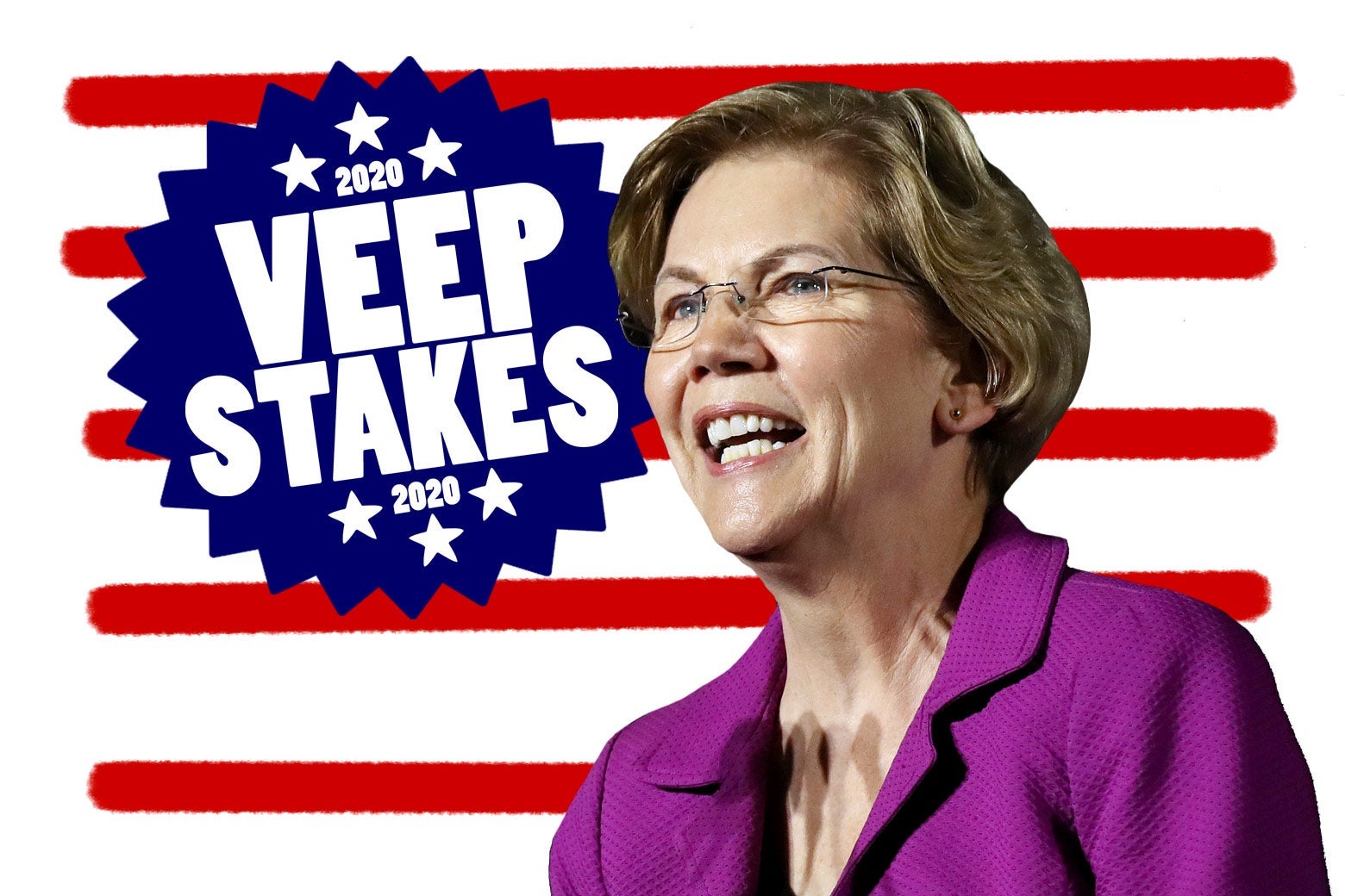 Elizabeth Warren in a purple jacket against a background of red stripes on white, next to a blue badge reading "2020 VEEP STAKES 2020"