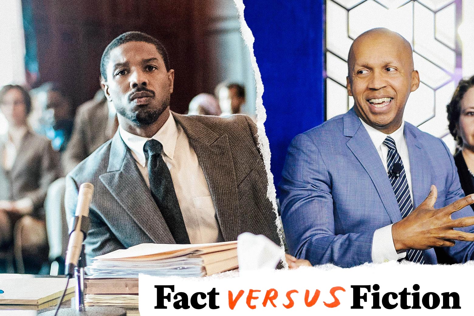 Michael B. Jordan, looking dapper in a silver suit. Bryan Stevenson, also looking dapper and handsome, albeit in a blue suit, and not *quite* as handsome. In the bottom right, the Fact vs. Fiction series logo.
