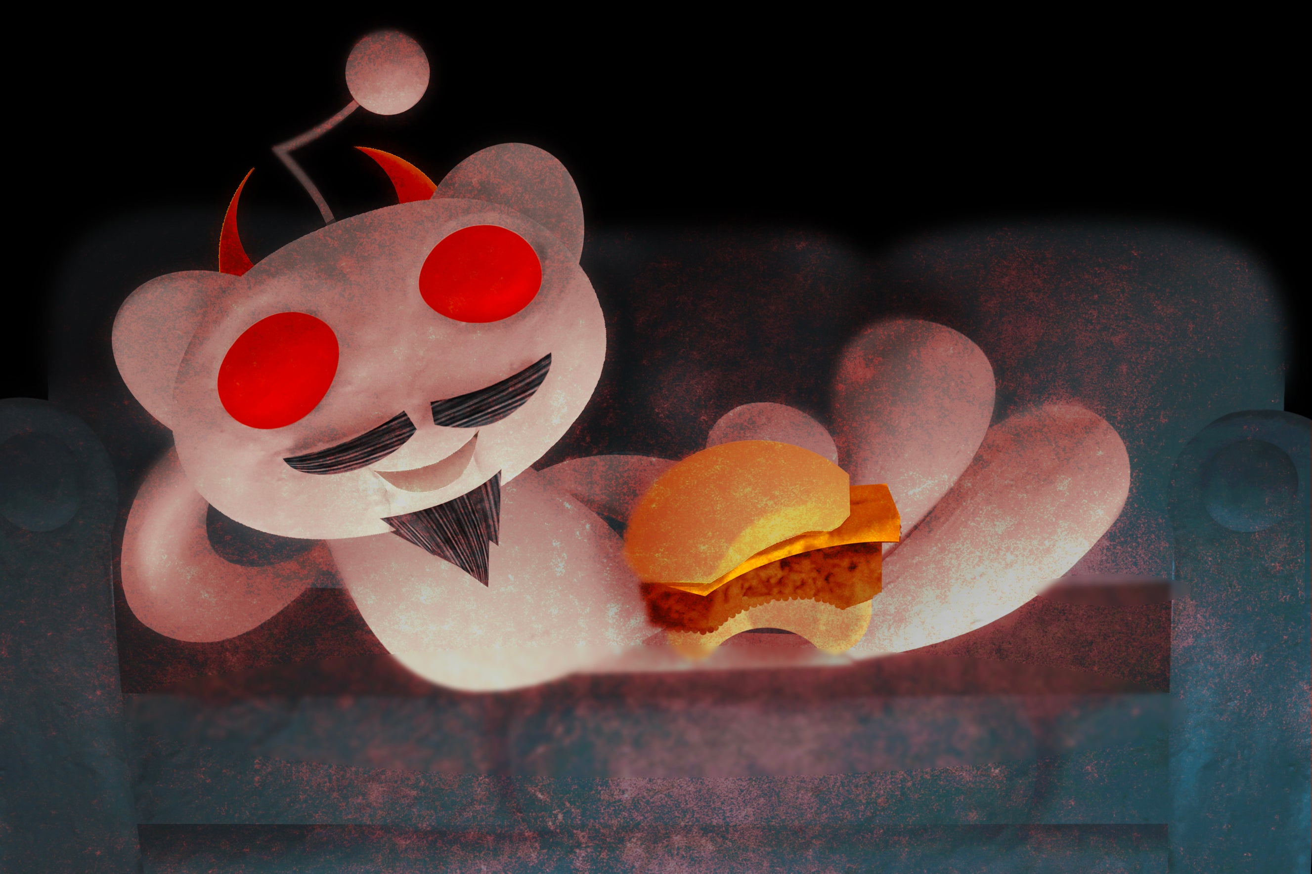 The Reddit logo, adorned with devil horns and posing next to a delicious-looking cheeseburger.