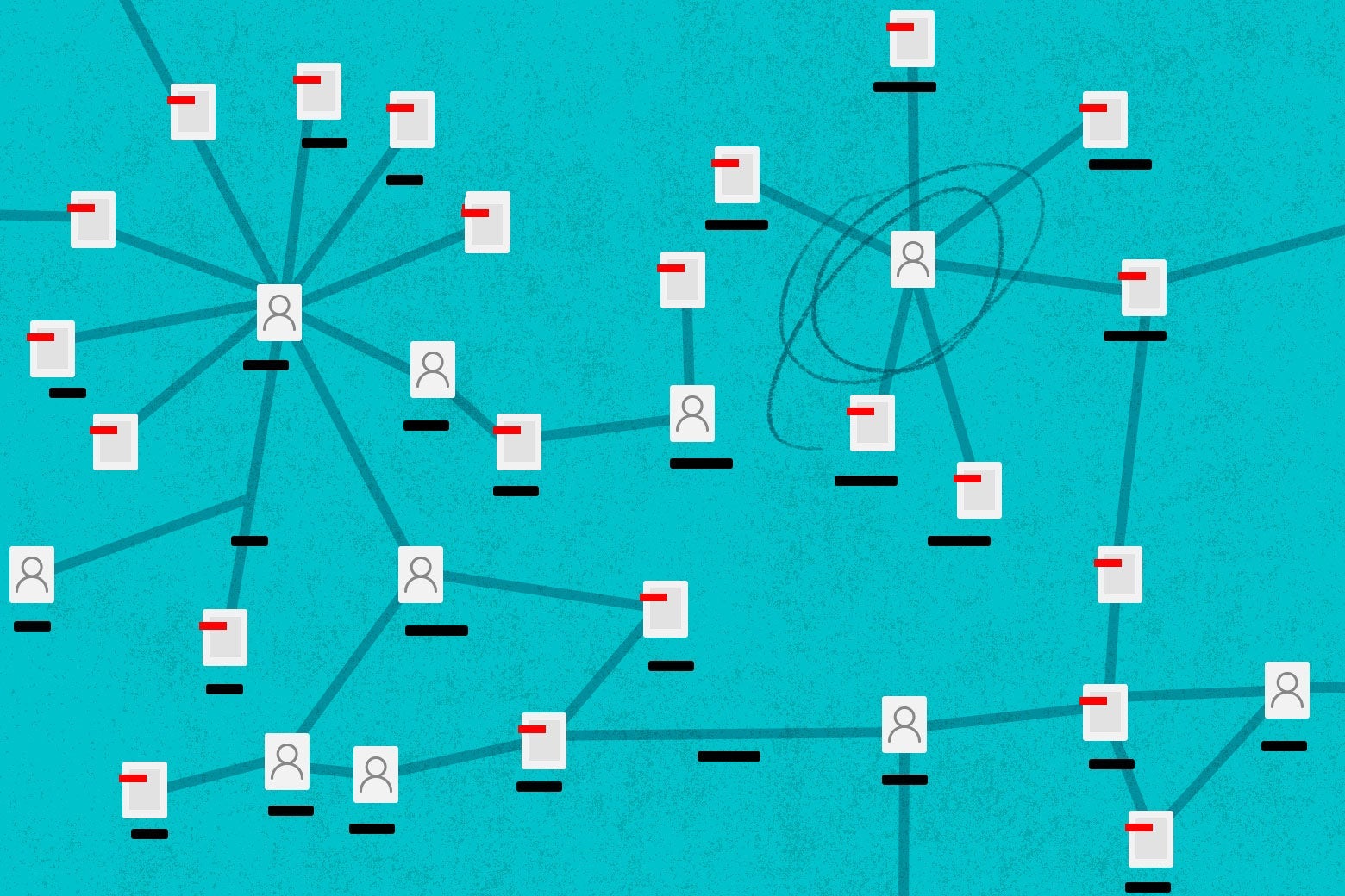 An illustration of a social network shows lines connecting people and files.