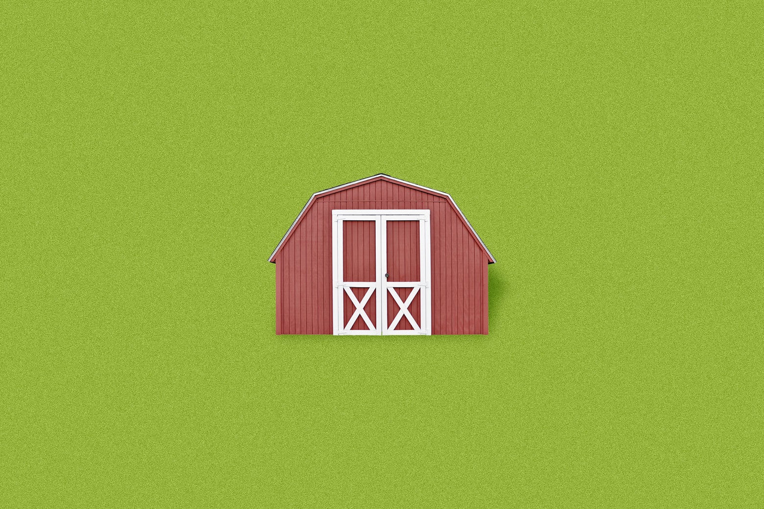 A red farmhouse against a green background. 