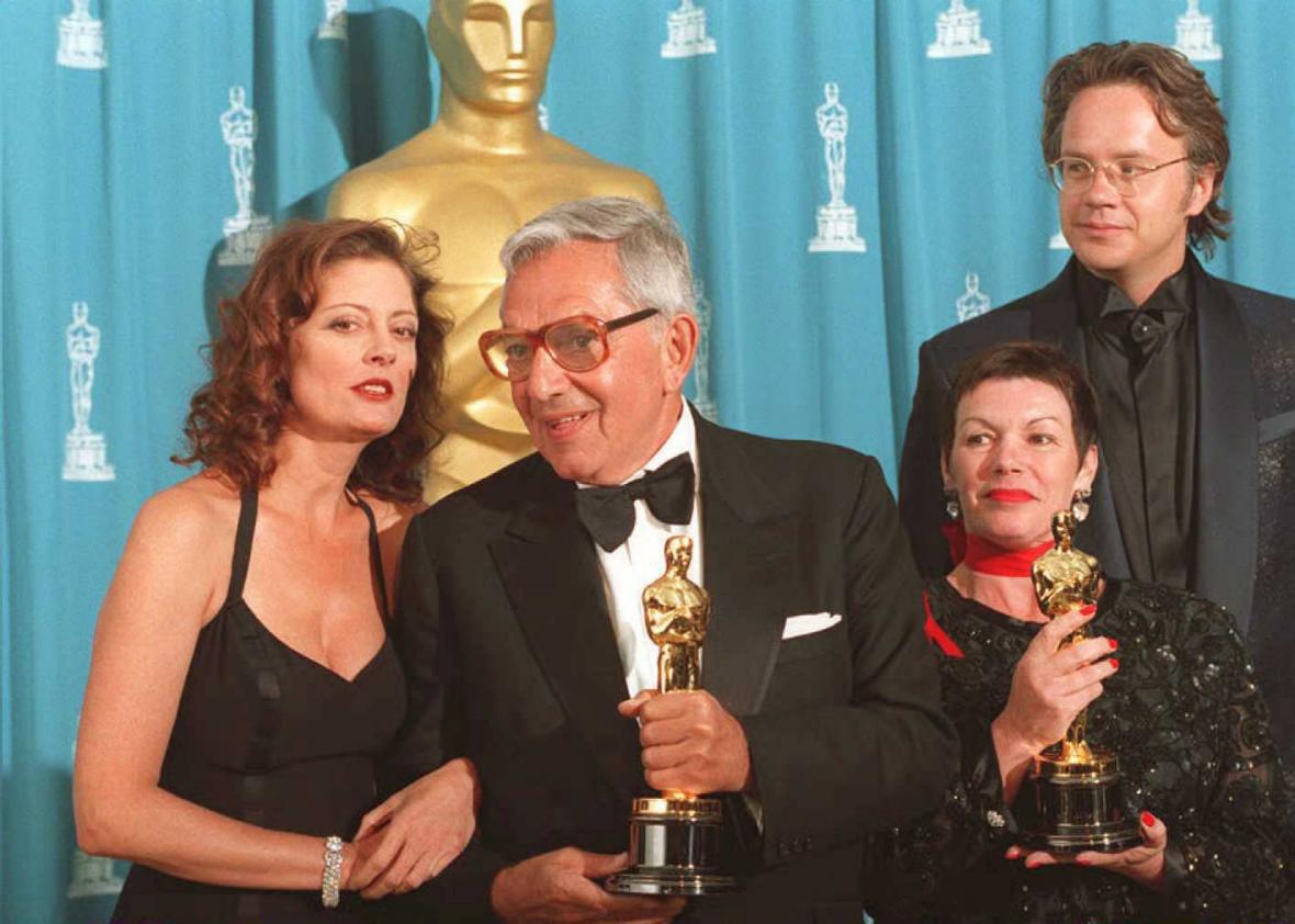 Ken Adam with his Oscar for The Madness of King George in 1995. He also won for Barry Lyndon.
