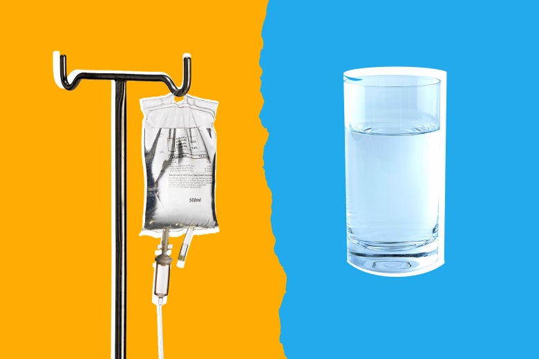 Photo illustration: An IV bag and a glass of water. Photo illustration by Slate. Photos by Thinkstock.