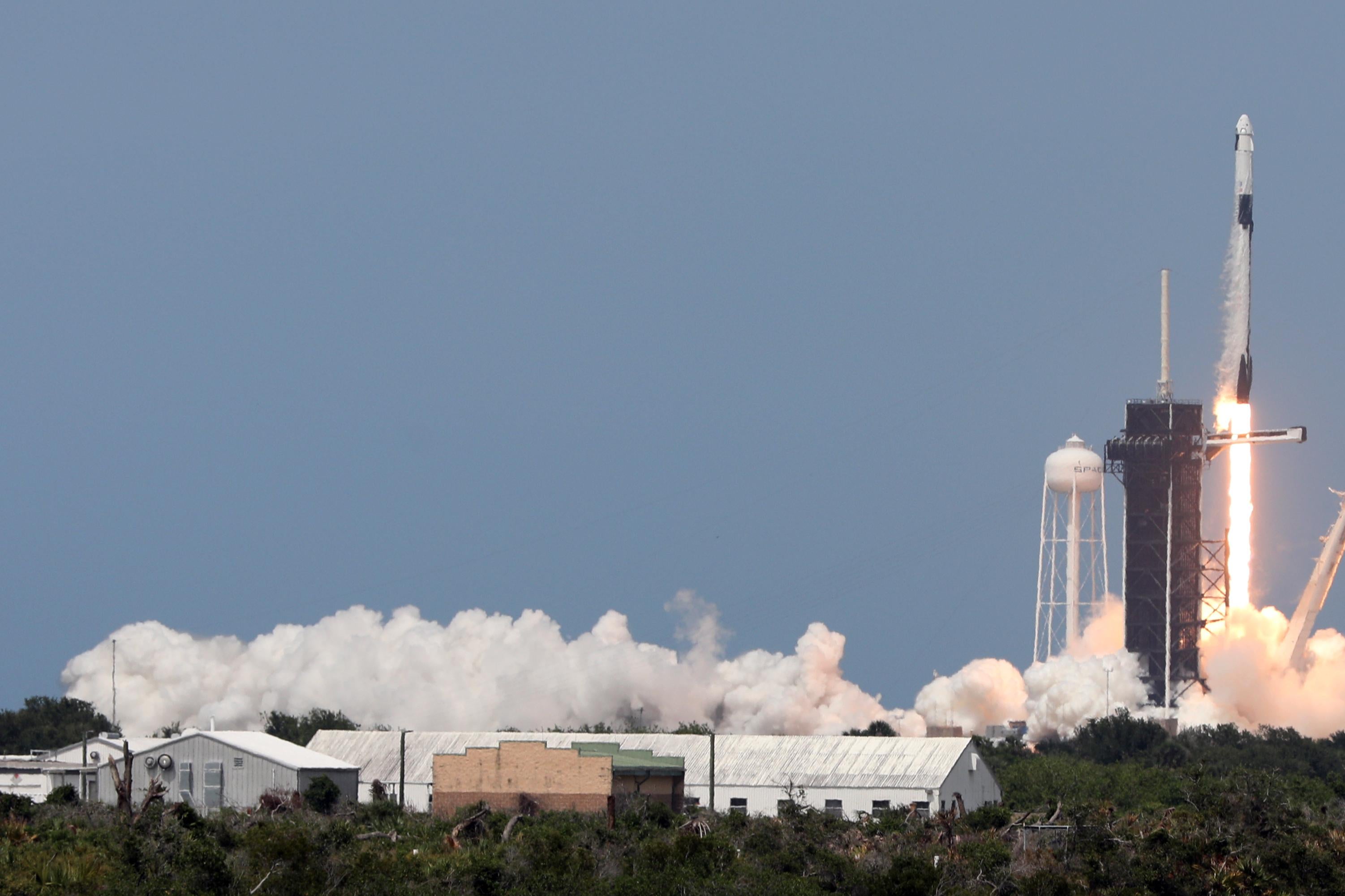 A SpaceX Falcon 9 rocket carrying the Crew Dragon spacecraft lifts off from launch complex 39A at the Kennedy Space Center in Florida on May 30, 2020. 