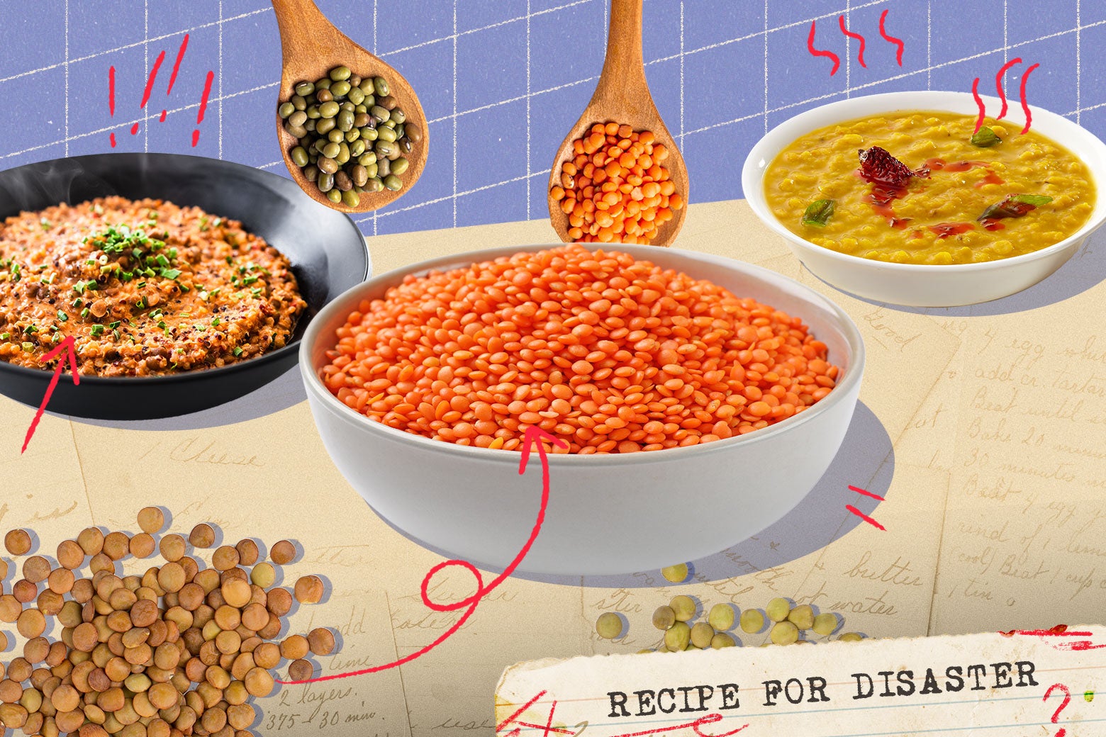 A variety of lentil dishes with text in the corner that says "Recipe for disaster."