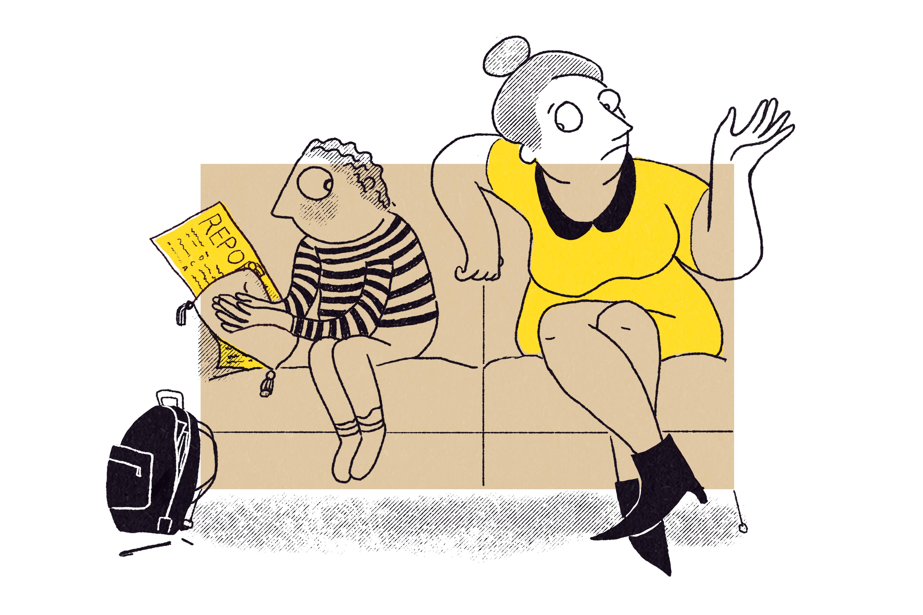 A woman sits on a couch with a boy sitting next to her trying to hide his report card under a pillow.