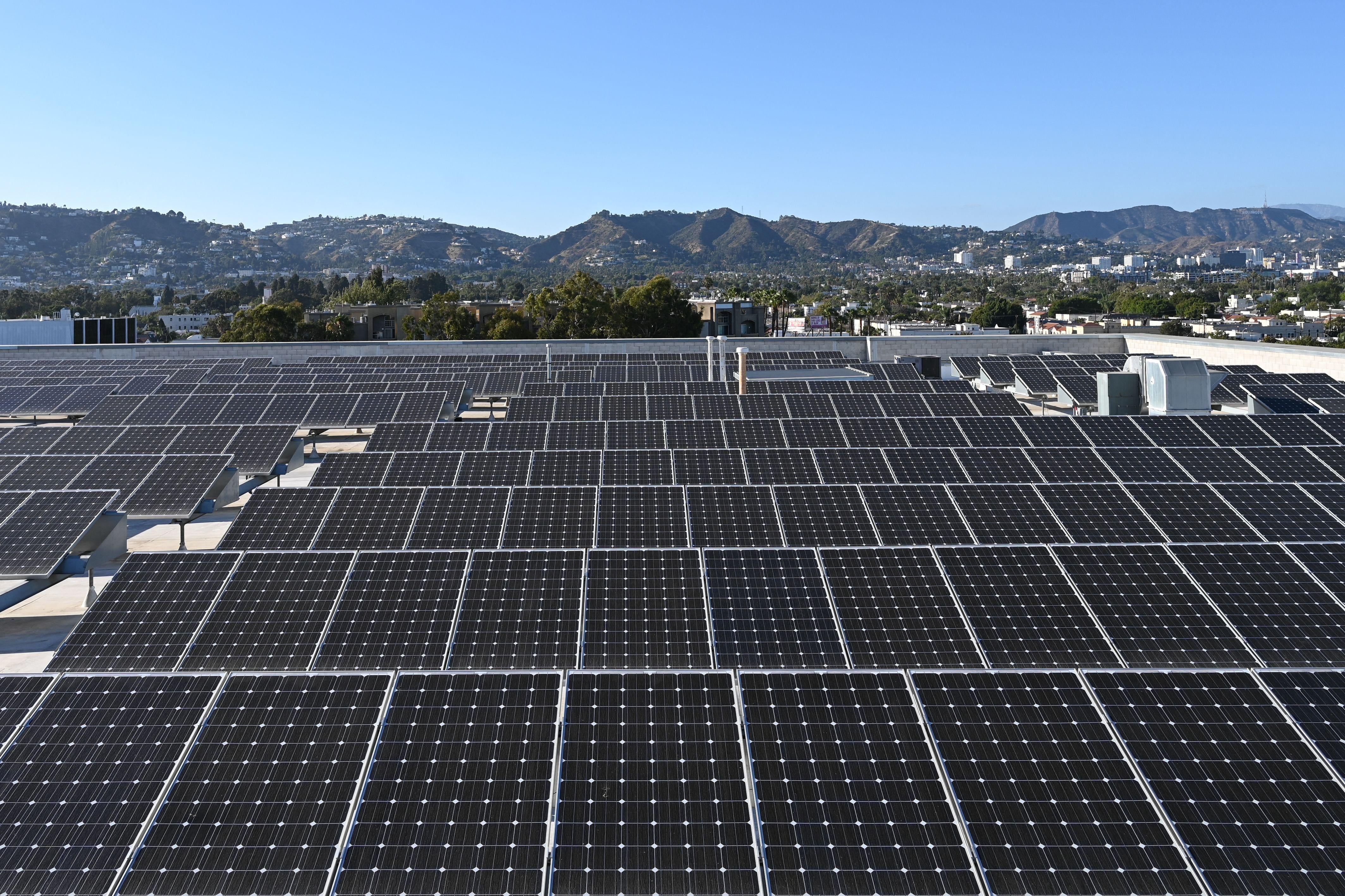 An array of rooftop solar panels