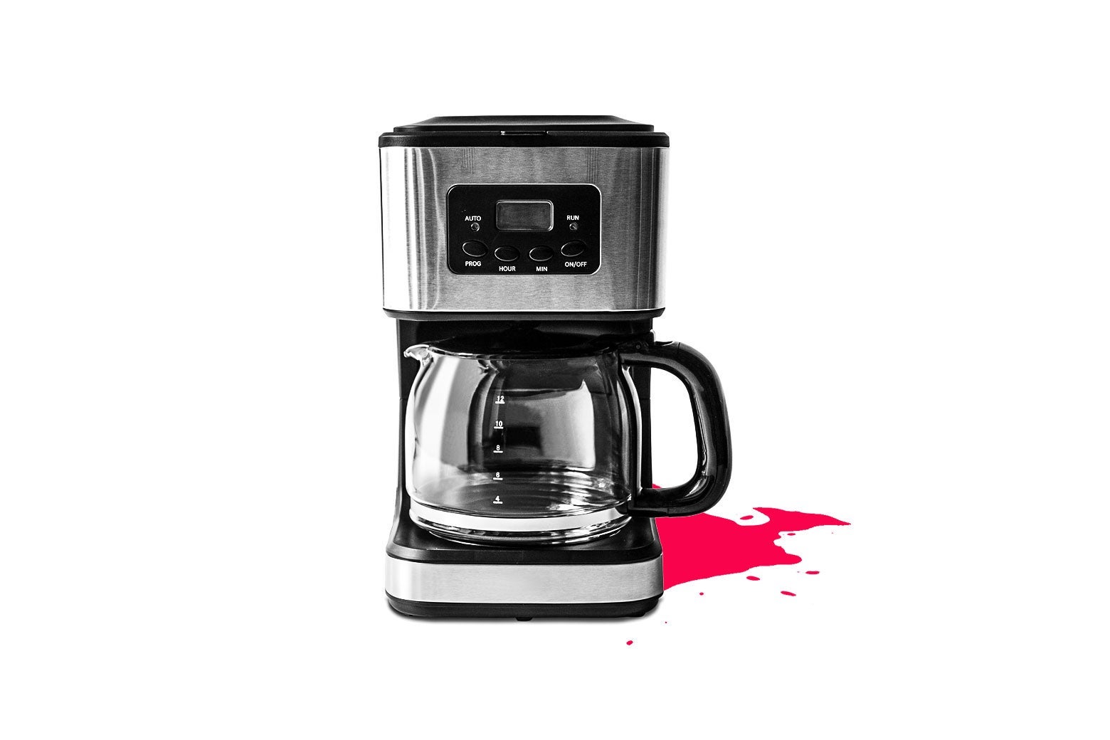 A coffeemaker with a spill behind it.