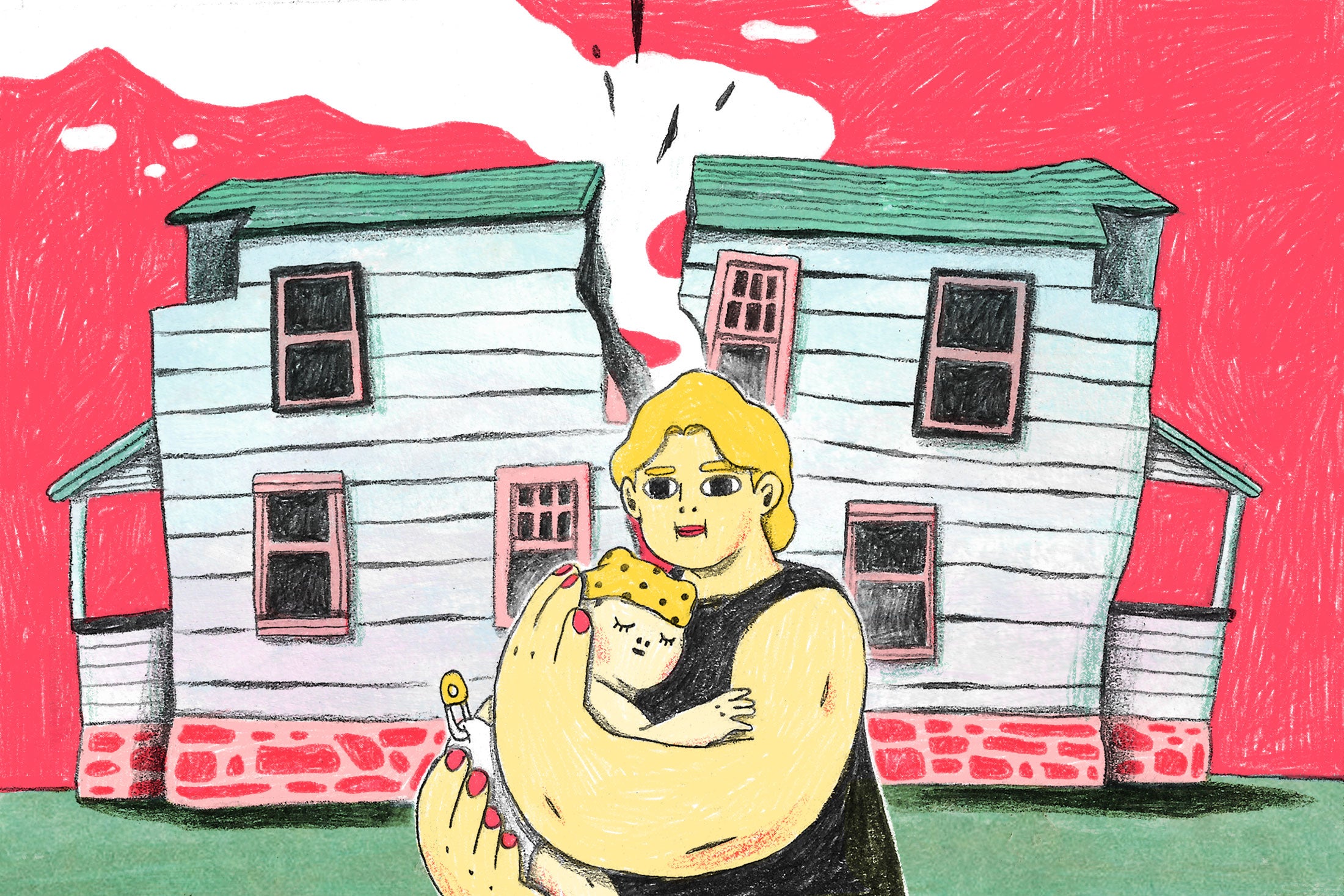 Woman holding a baby in front of a house that has split in half.