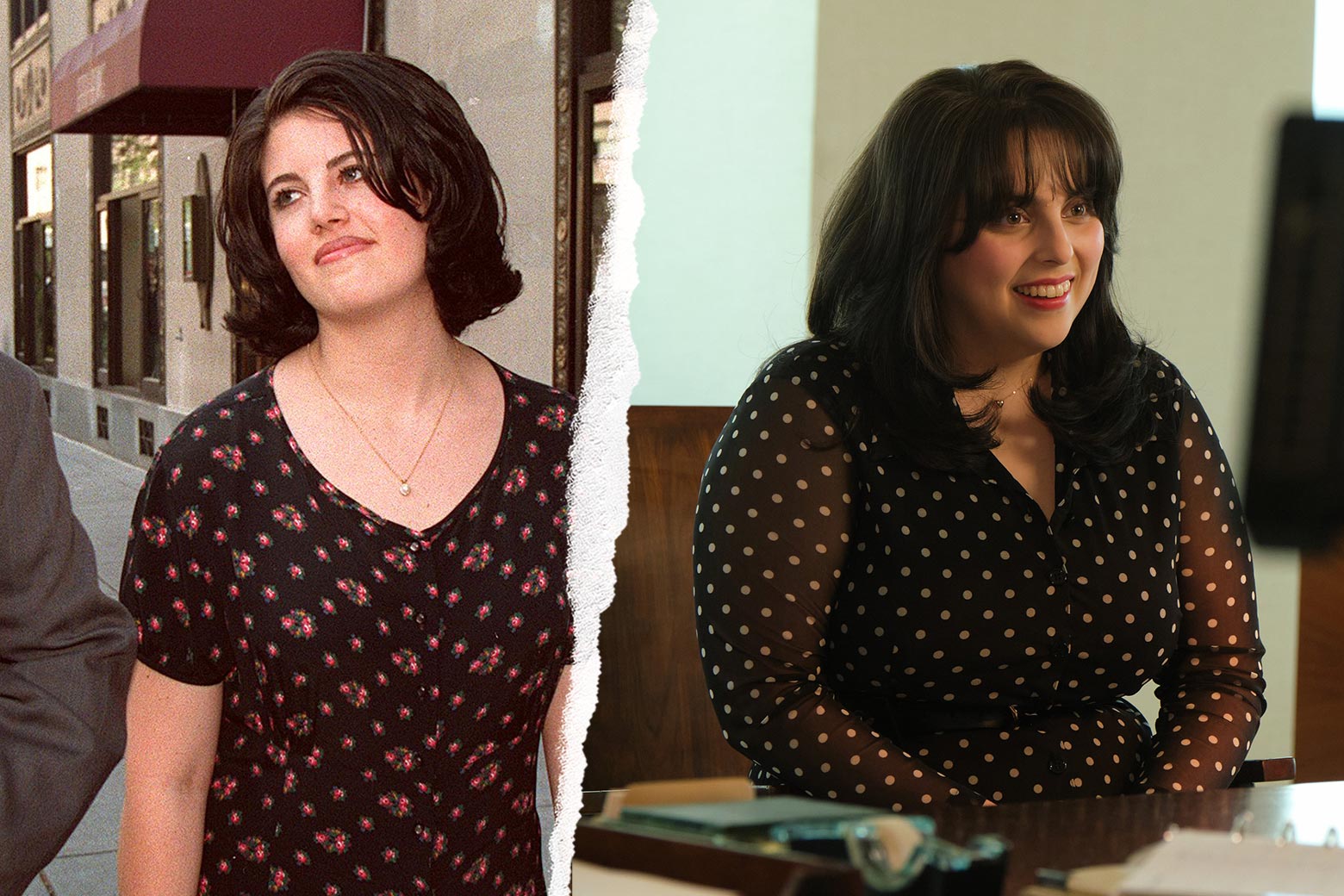 Lewinsky in a black dress with red flowers on it, and Feldstein as Lewinsky in a black dress with polka dots.
