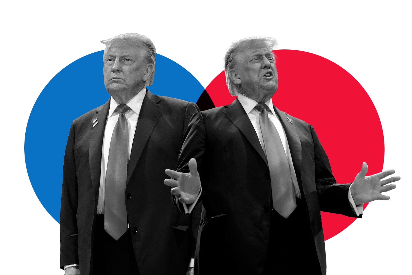 Two images of Donald Trump, one looking calm, the other looking angry.