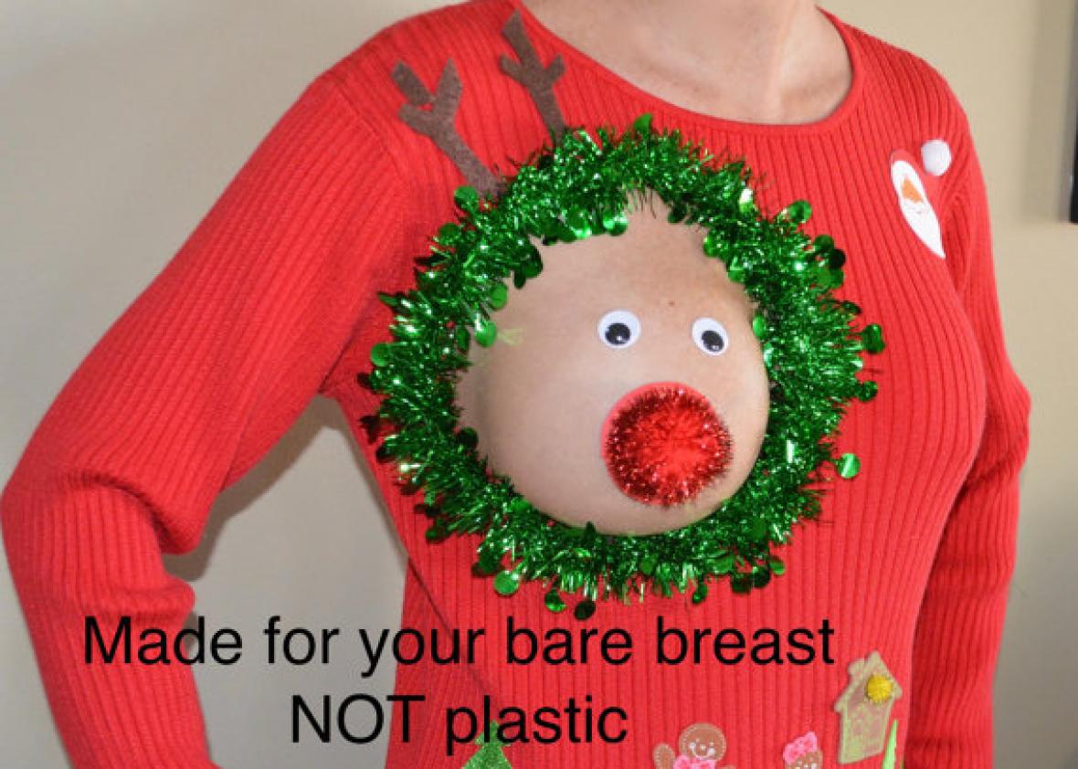 Sexy Ugly Christmas Sweater, It is NOT A PLASTIC Boob, Cut Out