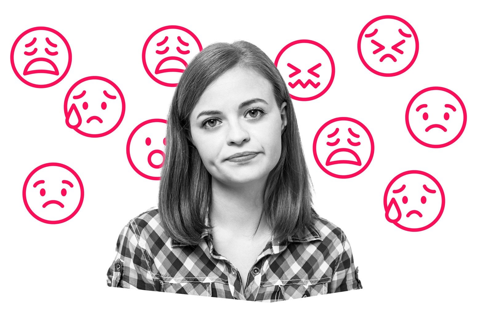 A woman looking annoyed and surrounded by various unhappy emoji
