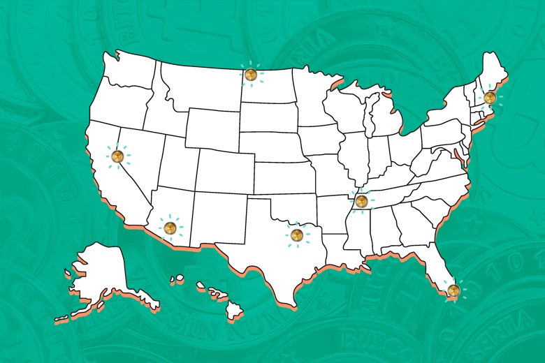 A U.S. map marking seven cities (Reno, Chandler, Fort Worth, Portsmouth, Miami, Willingston and Jackson) that are big on cryptocurrency.