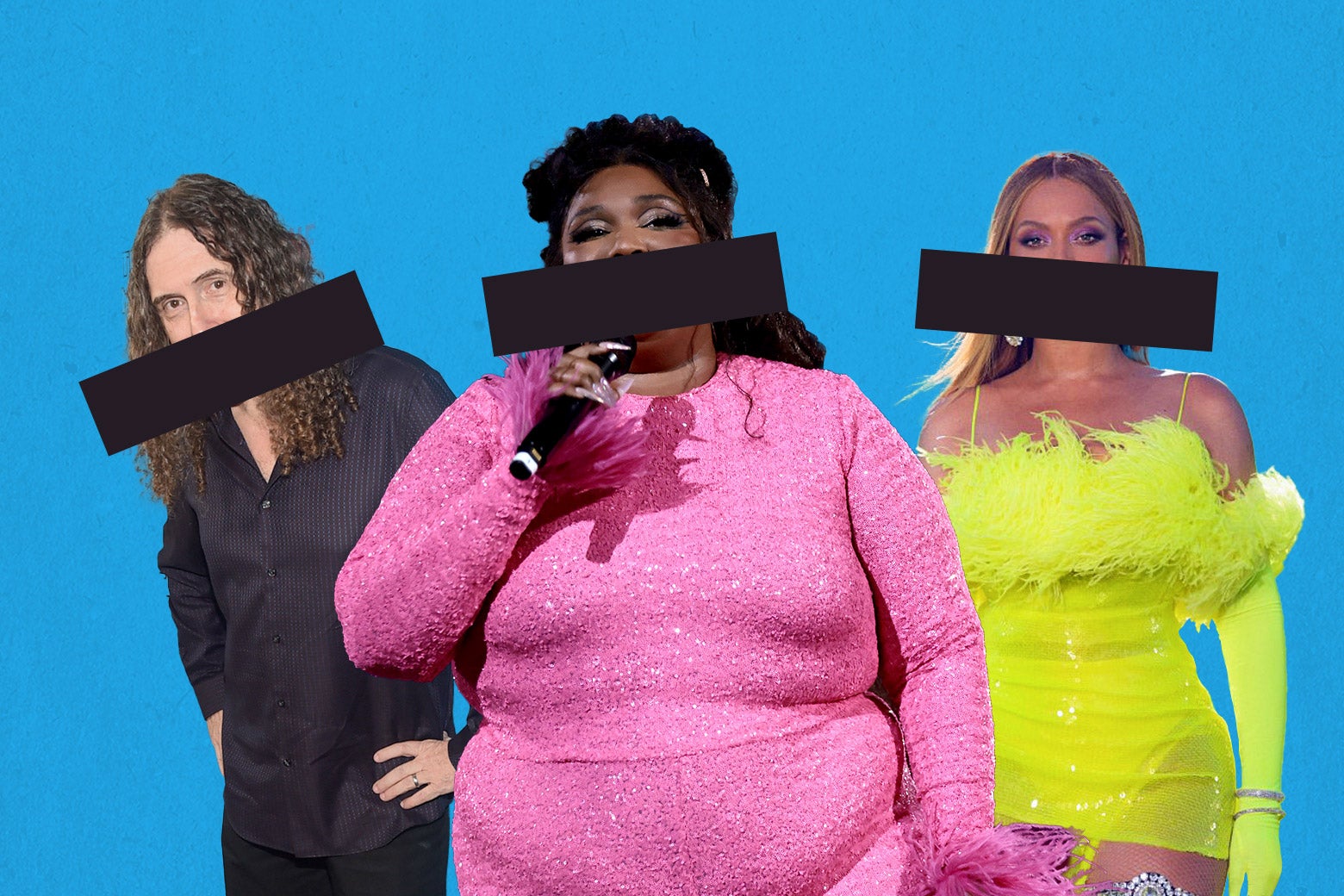 The three music stars are photoshopped performing against a blue background. Over their mouths, black censor bars.
