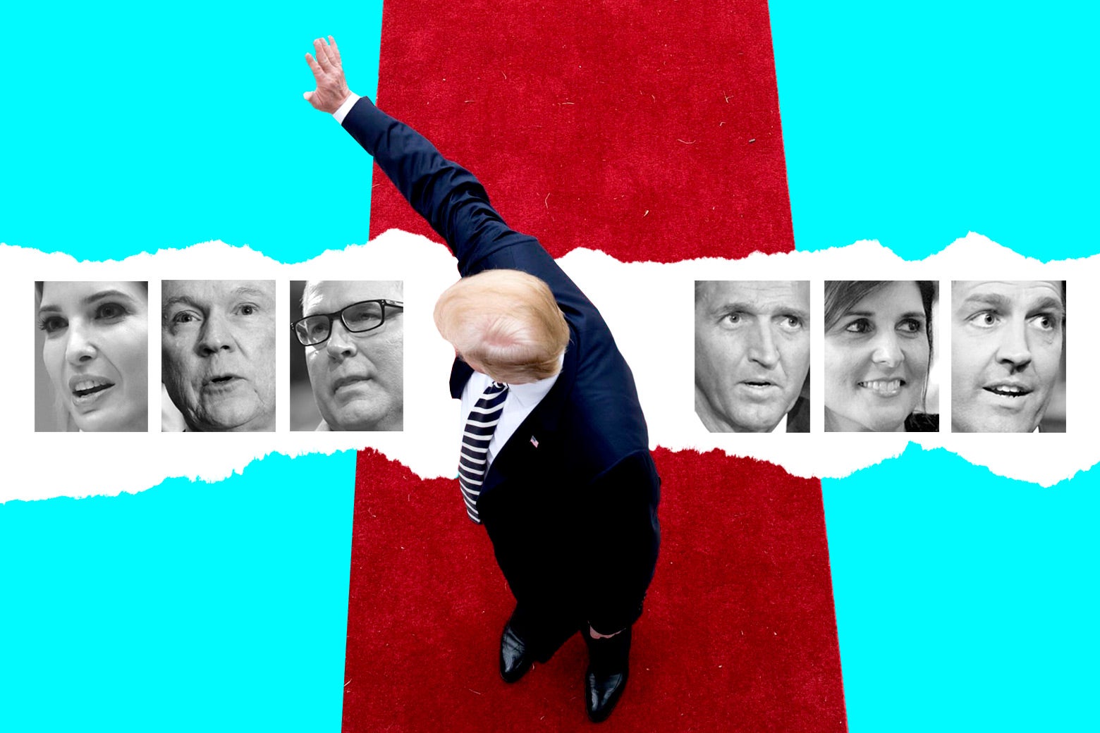 Donald Trump waves from a red carpet, with photos collaged in of Ivanka Trump, Jeff Sessions, and Scott Pruitt on one side, and Jeff Flake, Nikki Haley, and Ben Sasse on the other side.