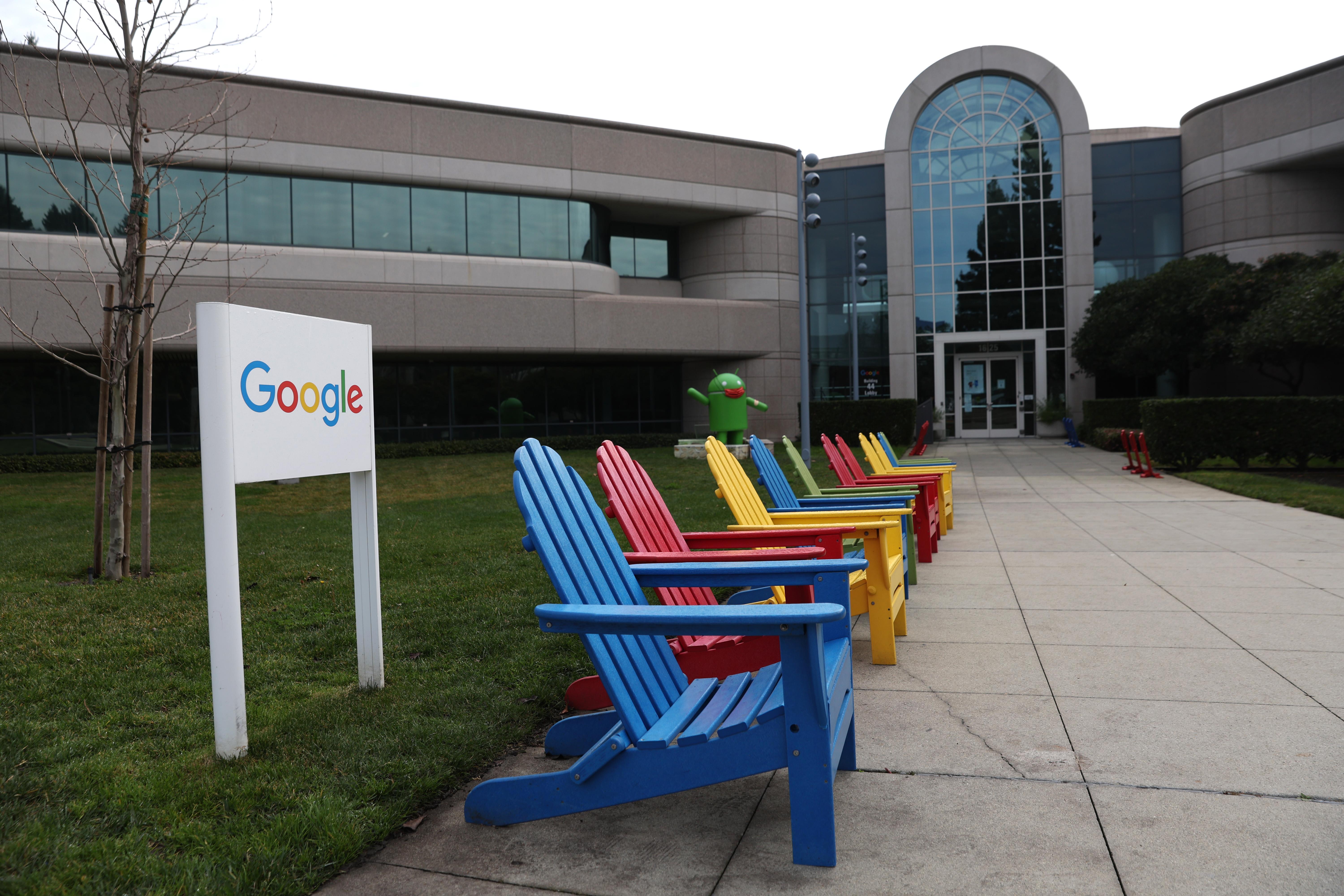MOUNTAIN VIEW, CALIFORNIA - JANUARY 31: A sign is posted in front of a building on the Google campus on January 31, 2022 in Mountain View, California. Google parent company Alphabet will report fourth quarter earnings on Tuesday after the closing bell. (Photo by Justin Sullivan/Getty Images)
