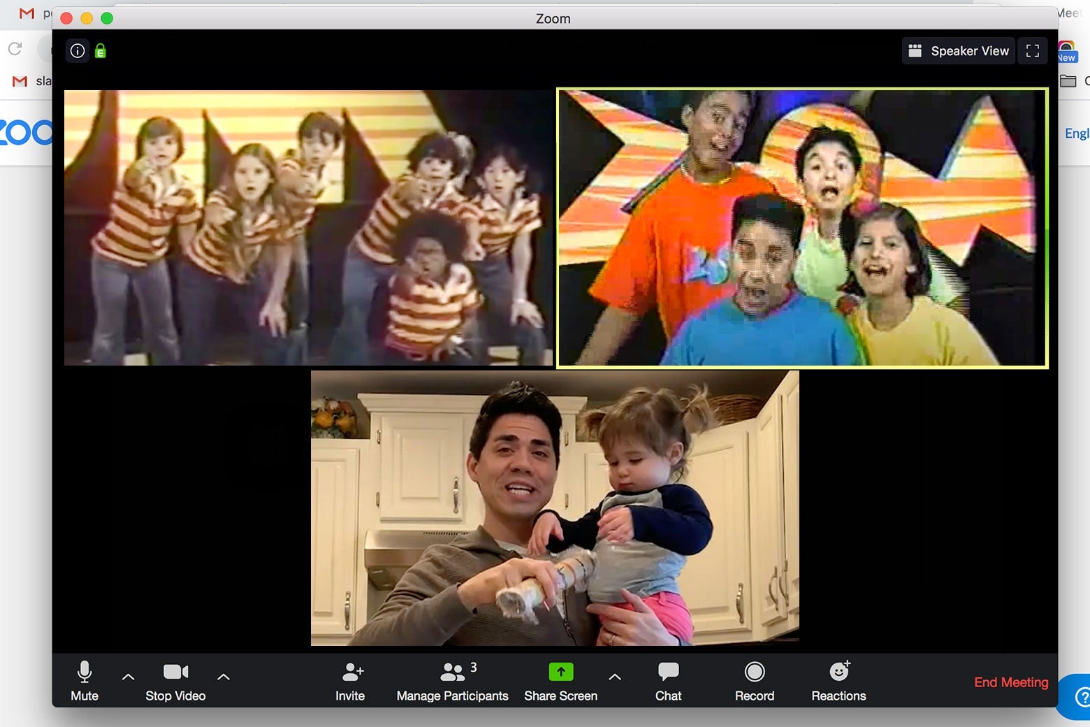 A mock screenshot of a Zoom videoconference among Zoomers from the 1970s, 1990s, and today.