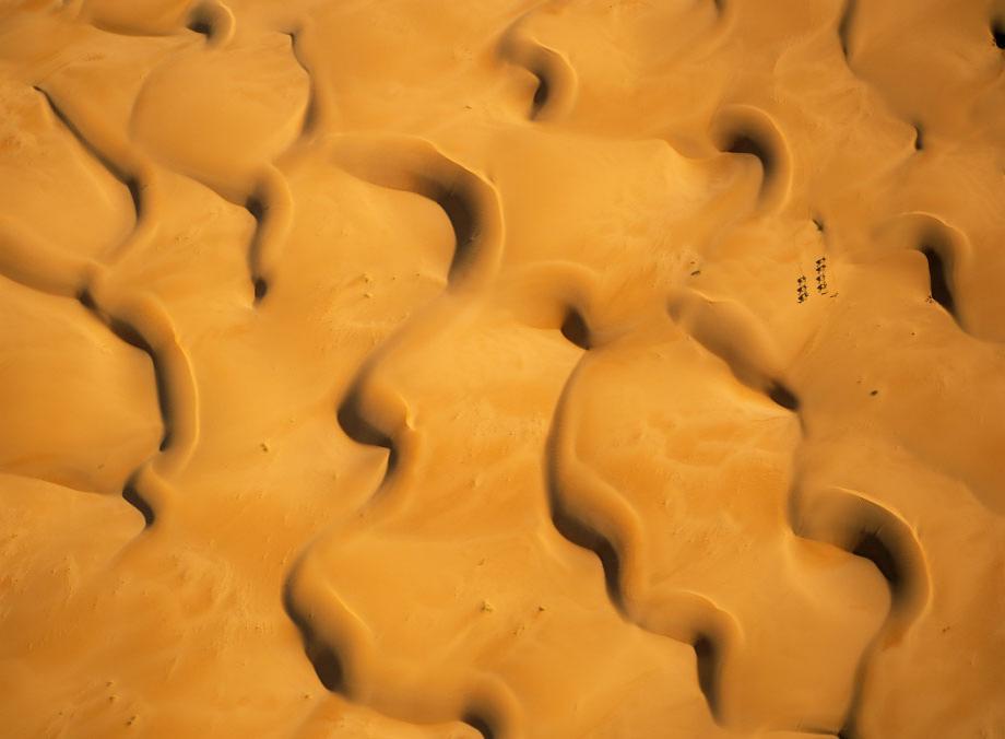 Chinguetti, Mauritania. A small caravan of camels crosses the complex barchan dunes of El-Djouf. They are following one of the ancient trans-Saharan trade routes that was once used to bring gold, salt, and ivory to far-flung cities.