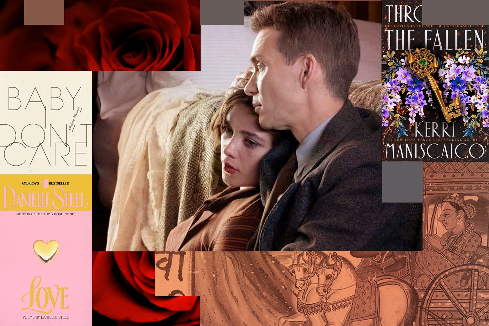 Collage showing Cillian Murphy and Florence Pugh in Oppenheimer, with images of book covers and roses.