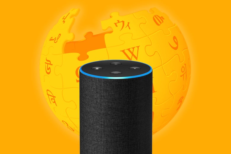 An Amazon Echo device, with the Wikipedia globe logo in the background.