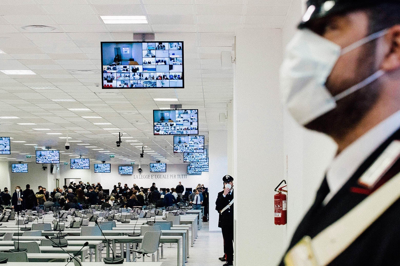 A general view shows a special courtroom on January 13, 2021 prior to the opening of the 'Rinascita-Scott' maxi-trial in which more than 350 alleged members of Calabria's 'Ndrangheta mafia group and their associates go on trial in Lamezia Terme, Calabria.