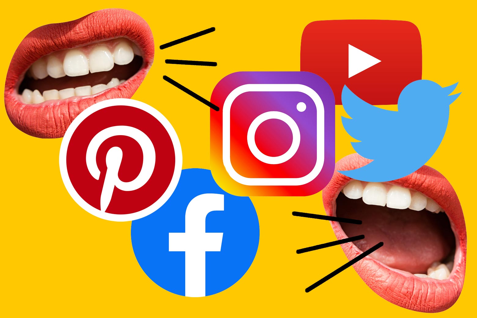 Icons for Pinterest, Twitter, Facebook, Instagram, and YouTube with talking mouths.