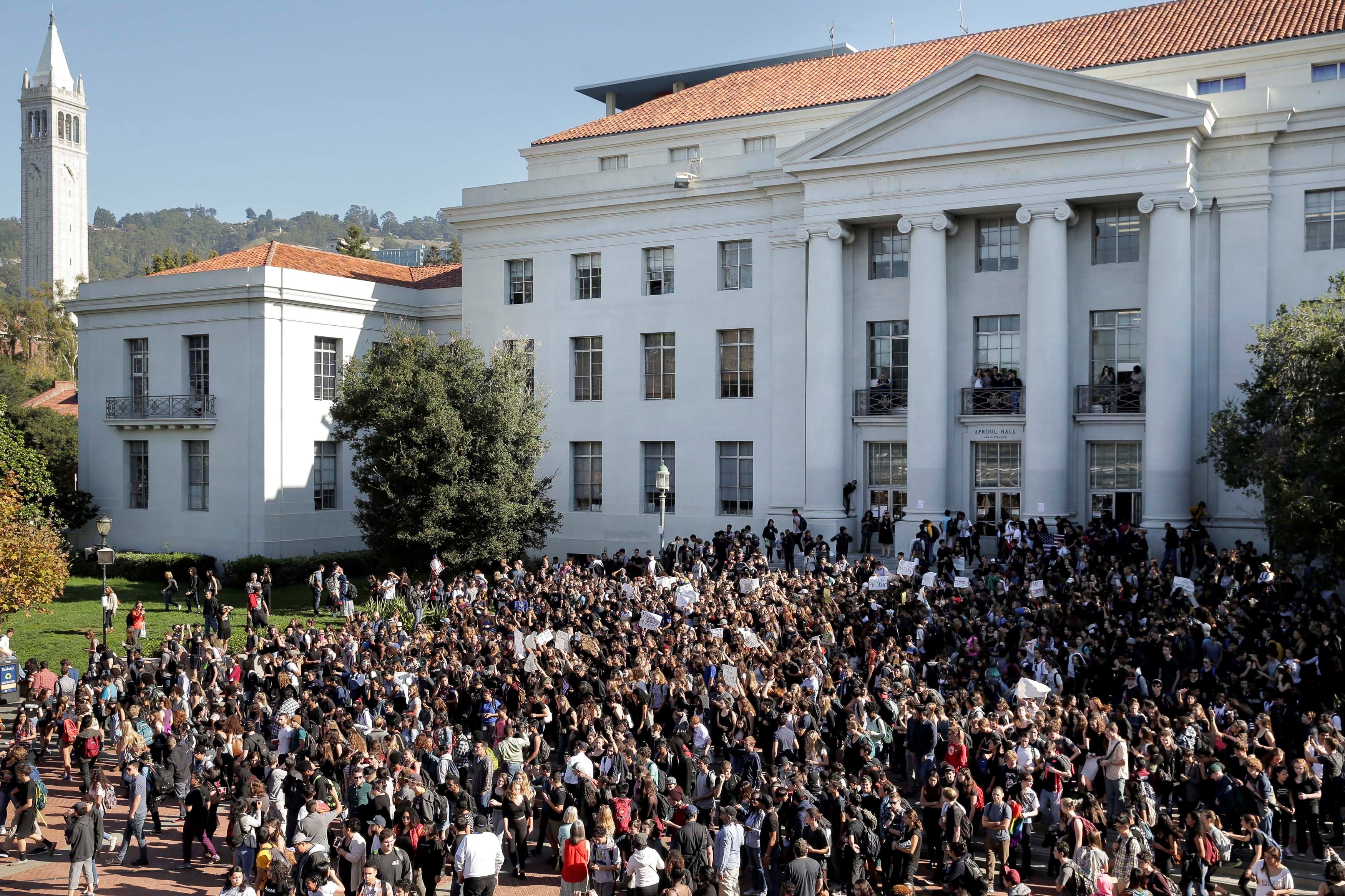 A crowd of students in front of Berkeley's Sproul Hall