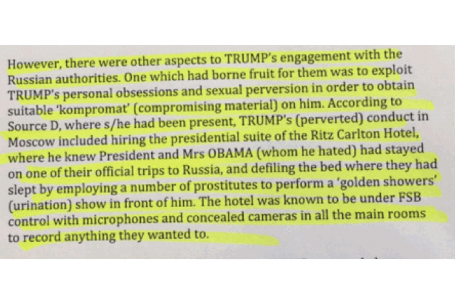 Selection from the Steele dossier about the alleged pee tape, with highlighted emphasis by Slate.