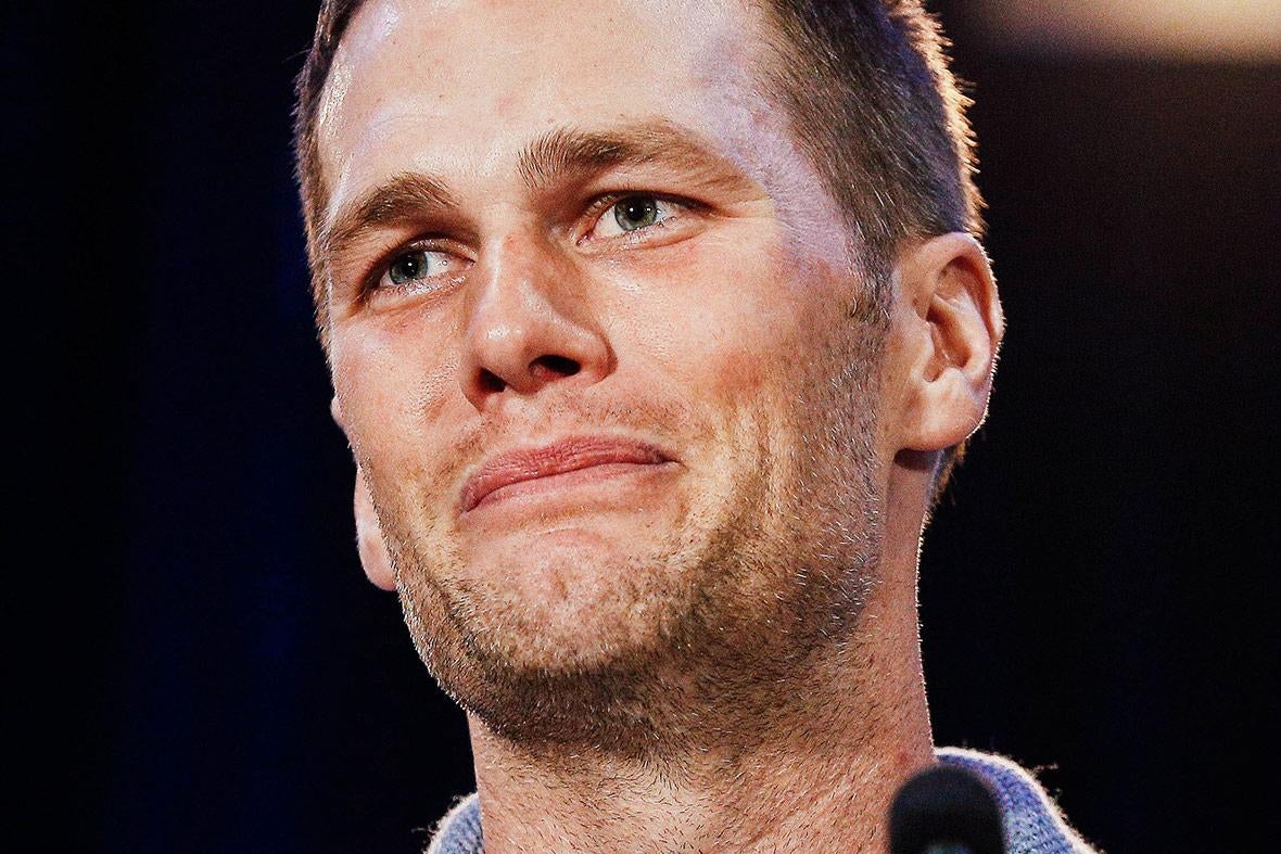 Tom Brady seemingly on the verge of tears at a microphone