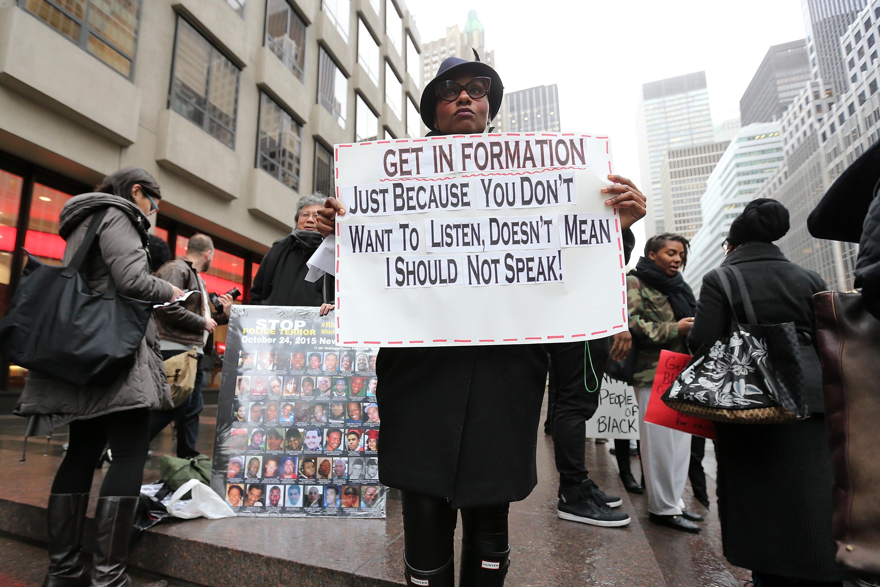 Protestors at the Anti-Anti Beyonce Protest Rally in front of NFL Headquarters on February 16, 2016 in New York City.  