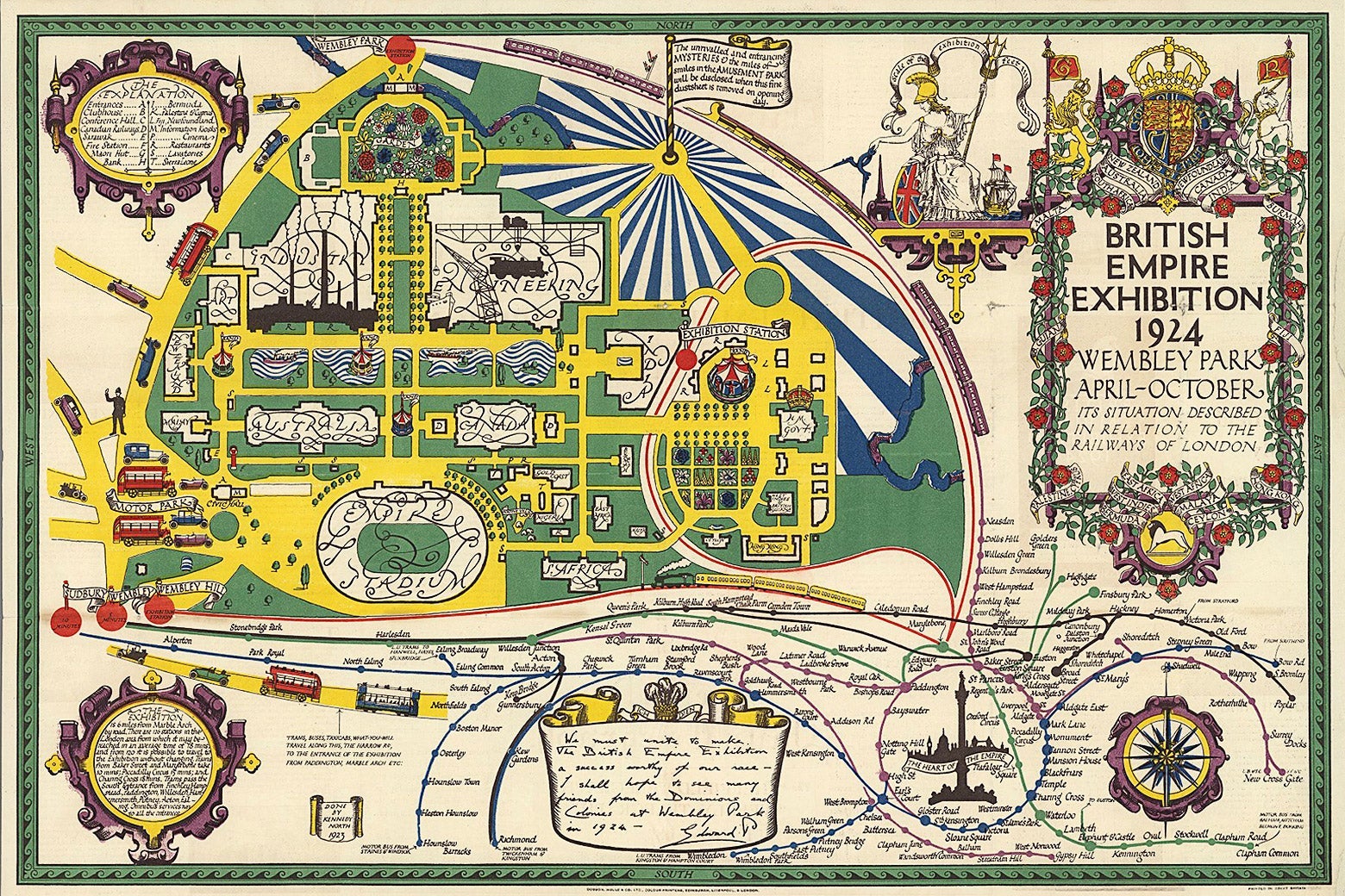 Pictorial map of Wembley featuring gardens, avenues, lakes, exhibition pavilions, and amusement park